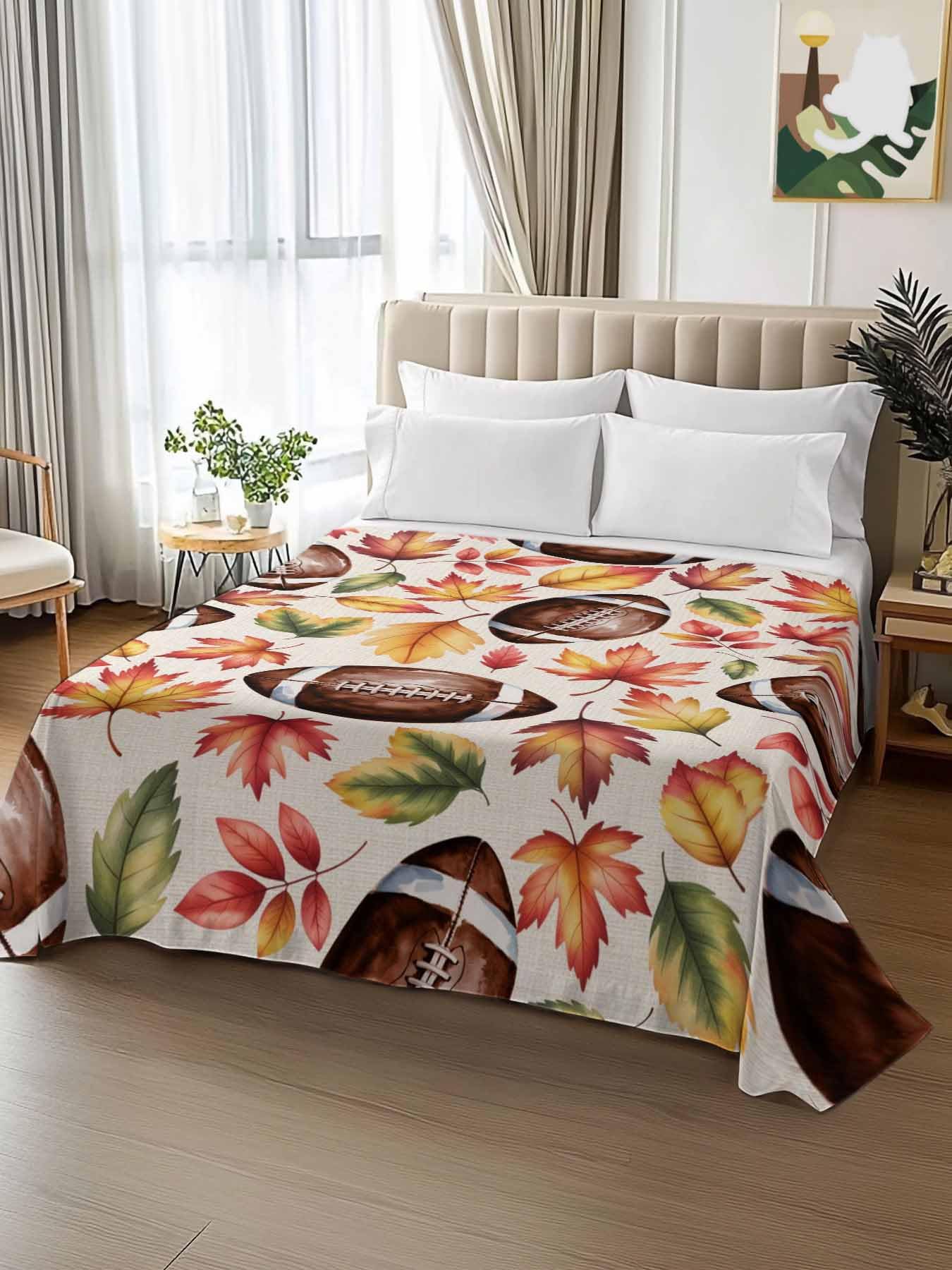 Full Size Flat Sheet Only, Football Autumn Maple Leaf Orange Bed Top Sheet Soft Microfiber Breathable Bedding Flat Sheets, Fallen Leaves Seamless Top Sheets Hotel Luxury