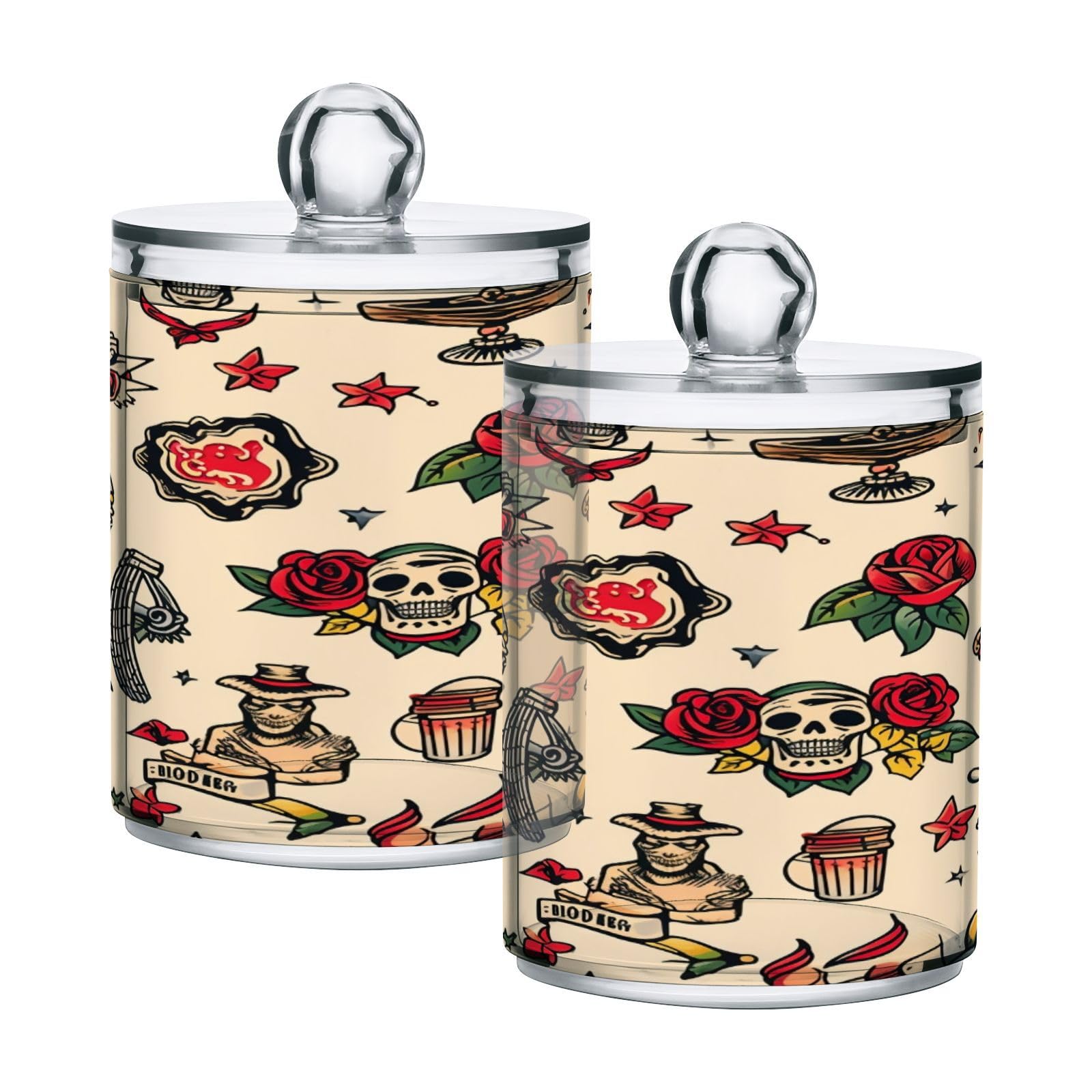 Lyeorm Oldschool Tattoo Apothecary Jars with Lid 2 Pack Qtip Holder Dispenser Bathroom Storage Organizer Clear Plastic Canister Jar for Cotton Ball, Cotton Swab