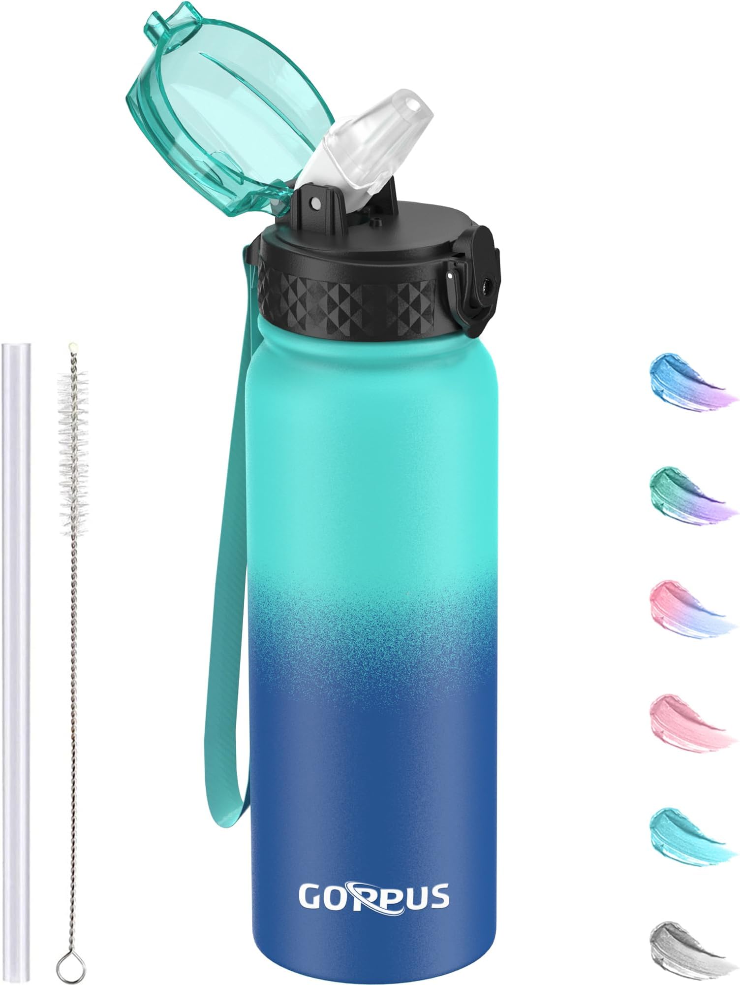 GOPPUS 600ml/20oz Stainless Water Bottle with Straw Double Wall Insulated Bottles with Strap One Hand Open Vacuum Thermal Flask Leakproof Keep Cold Drinks Bottles BPA Free for Adults