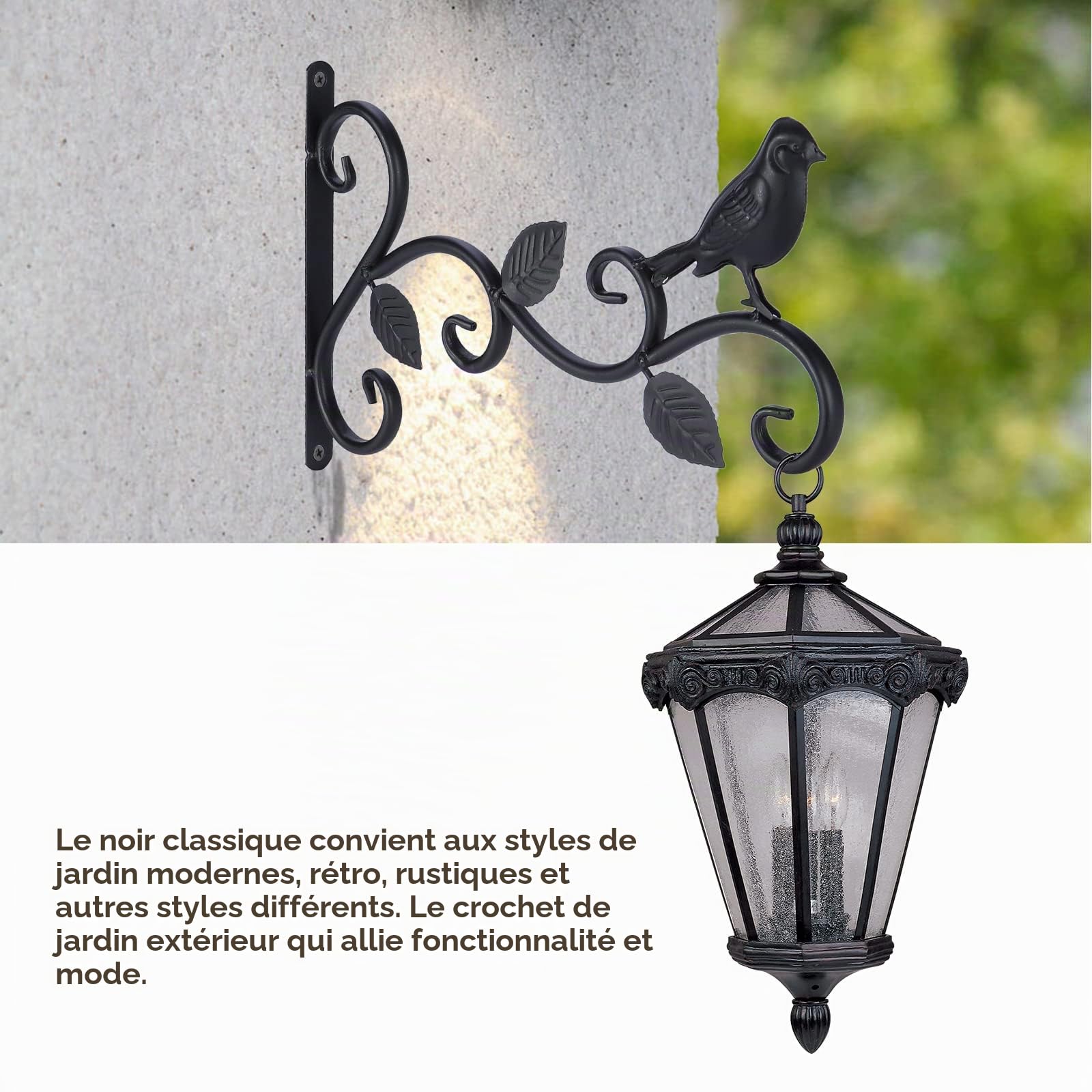 Kyrio Lot de 2 supports de panier à suspendre pour extérieur, 30,5 cm, crochets décoratifs en métal pour plantes suspendues, mangeoires à oiseaux, lanternes (3 feuilles), Noir, 30cm L x 19cm H