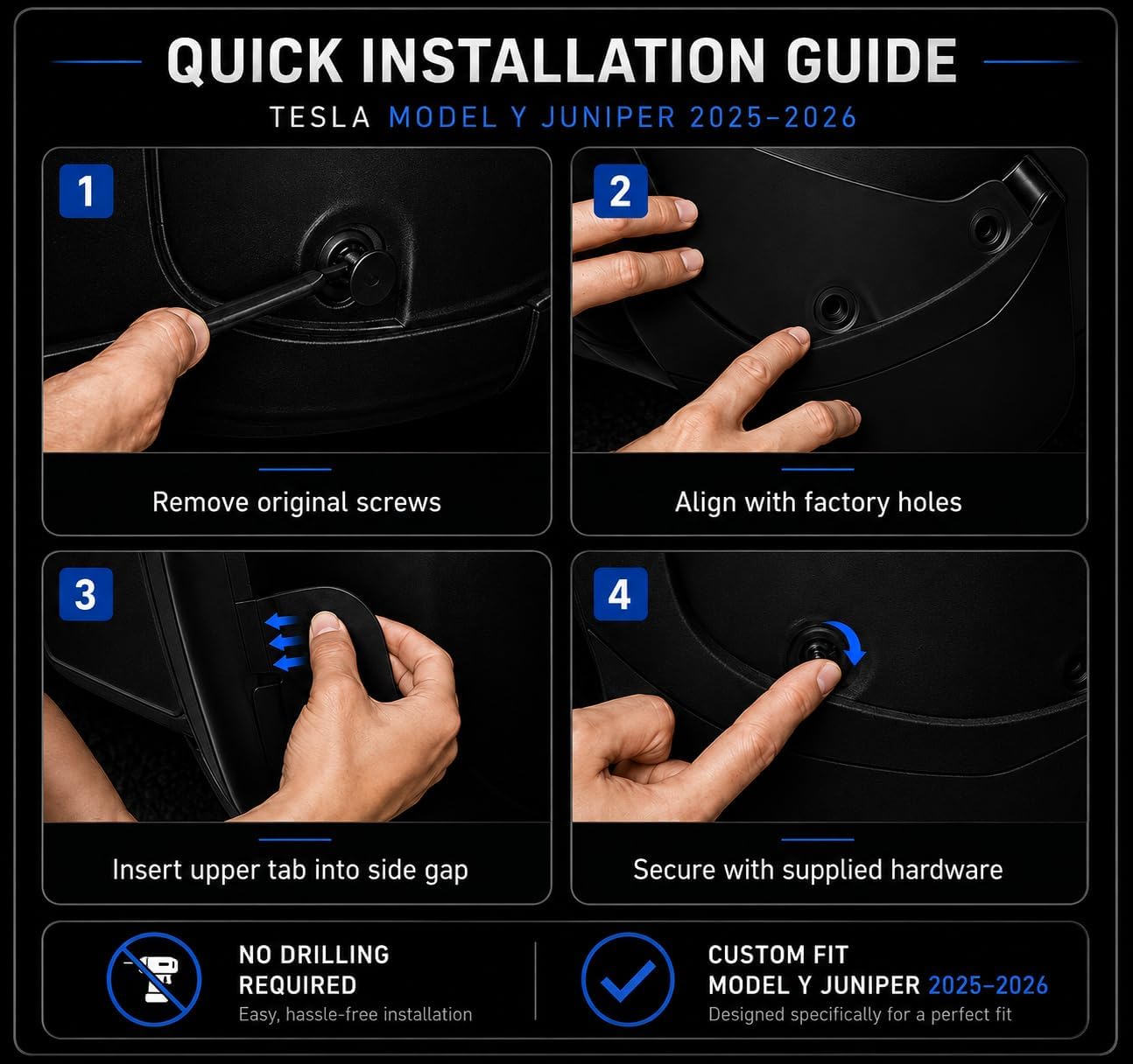 Mud Flaps for Tesla Model Y Juniper 2025–2026, 4-Piece Front & Rear Set, Custom Fit, No-Drill Installation, Flexible TPE Splash Guards