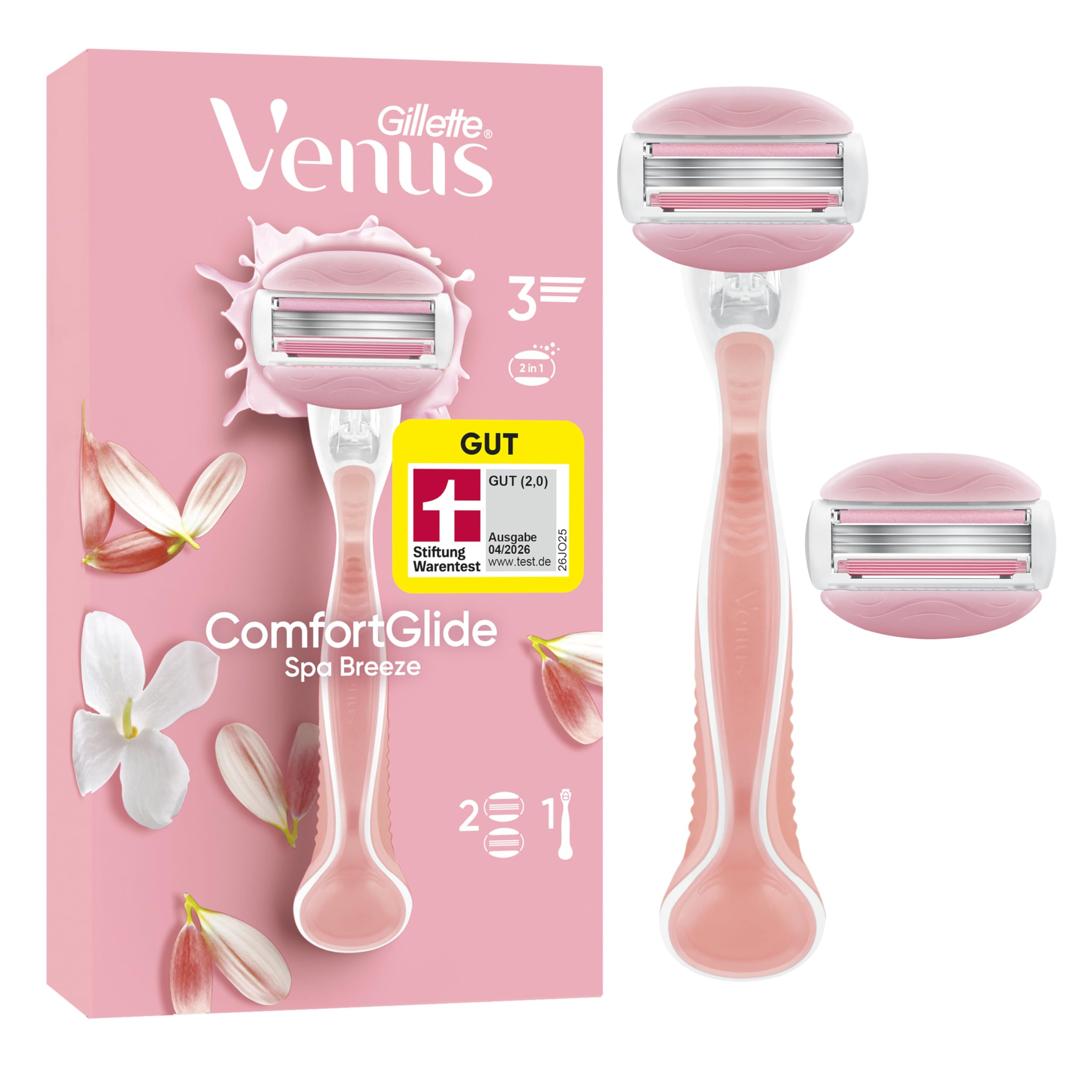 Gillette Venus Comfortglide Spa Breeze Rasierer Damen, Damenrasierer mit Gelkissen — Inkl. 2 Ersatzklingen für Nassrasierer und Ergonomischen Handstück, GUT GETESTET bei Stiftung Warentest — Rosa