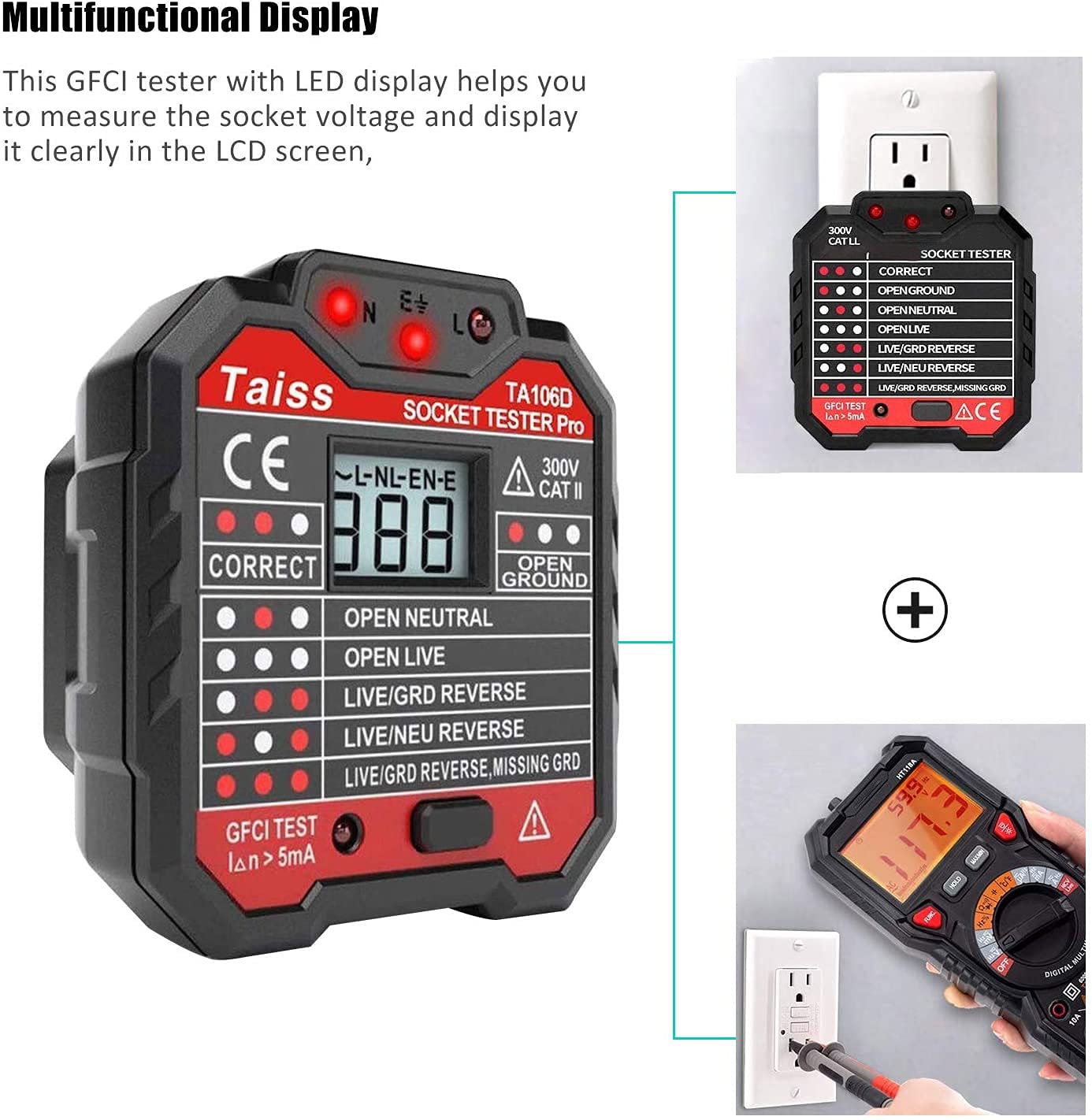 Testeur De Prise Électrique SP-Cow - Détecteur Tension 48-250V - Affichage LED Polarité - Test RCD/GFCI
