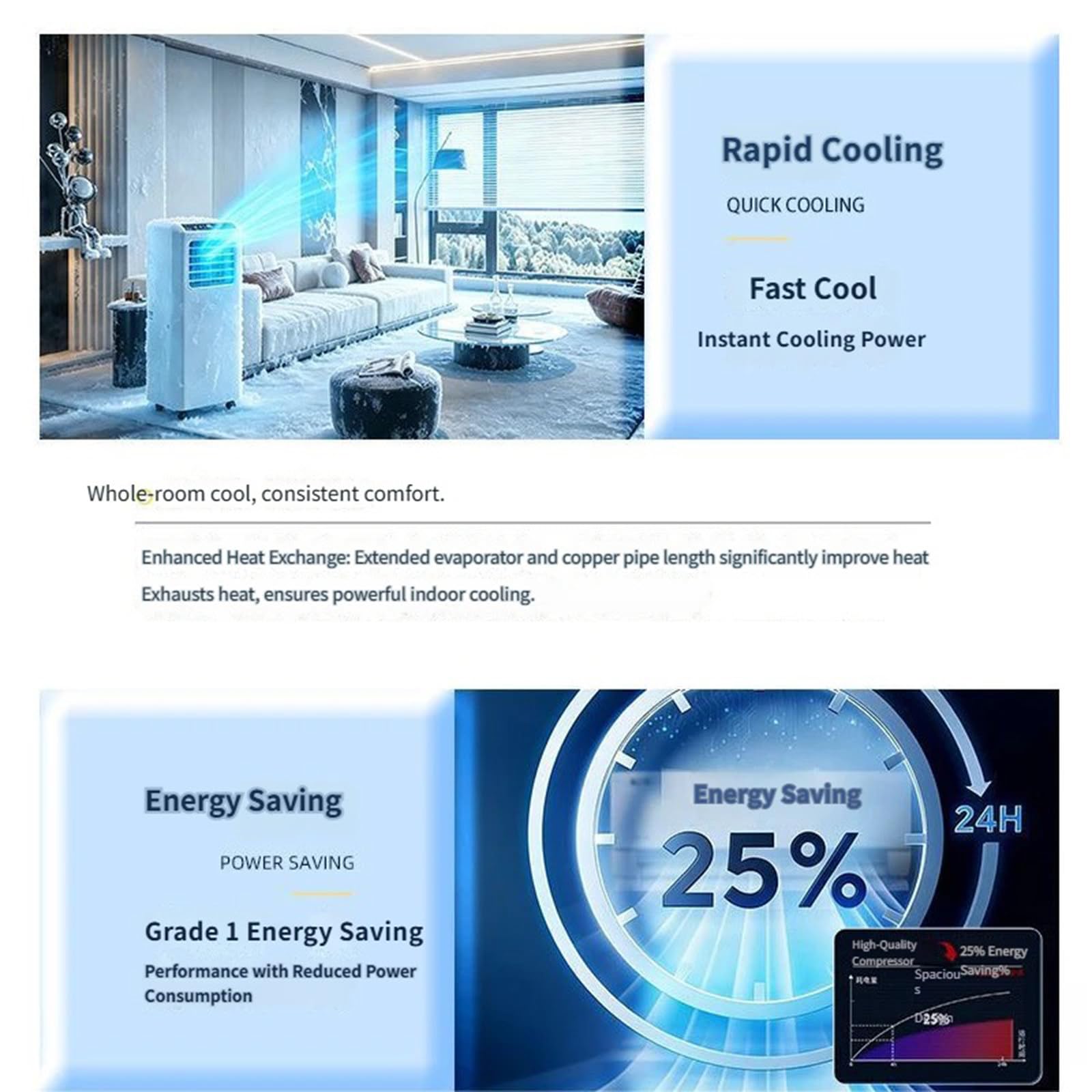 Aire acondicionado portátil, unidad de CA de 7000 9000 BTU para habitaciones de hasta 25 m2, ventilador y refrigeración, deshumidificador, temporizador, potente unidad de aire acondicionado móvil para