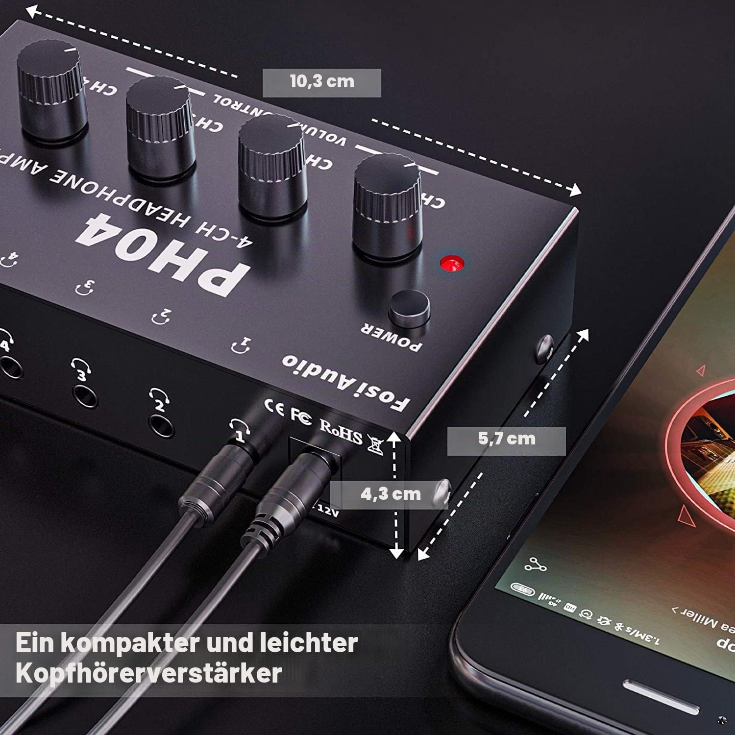 Fosi Audio PH04 4 Kanal Kopfhörerverstärker Metall-Stereo-Audio-Verstärker mit 12V 1,5A-Netzteil, ultrakompakter tragbarer Kopfhörersplitter für Studio und Bühne