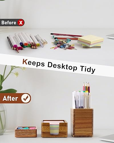 Miniatura 5 de Juego de organizador de escritorio de madera de acacia con soporte para notas adhesivas, vaso para lápices y clip de almacenamiento, accesorios de