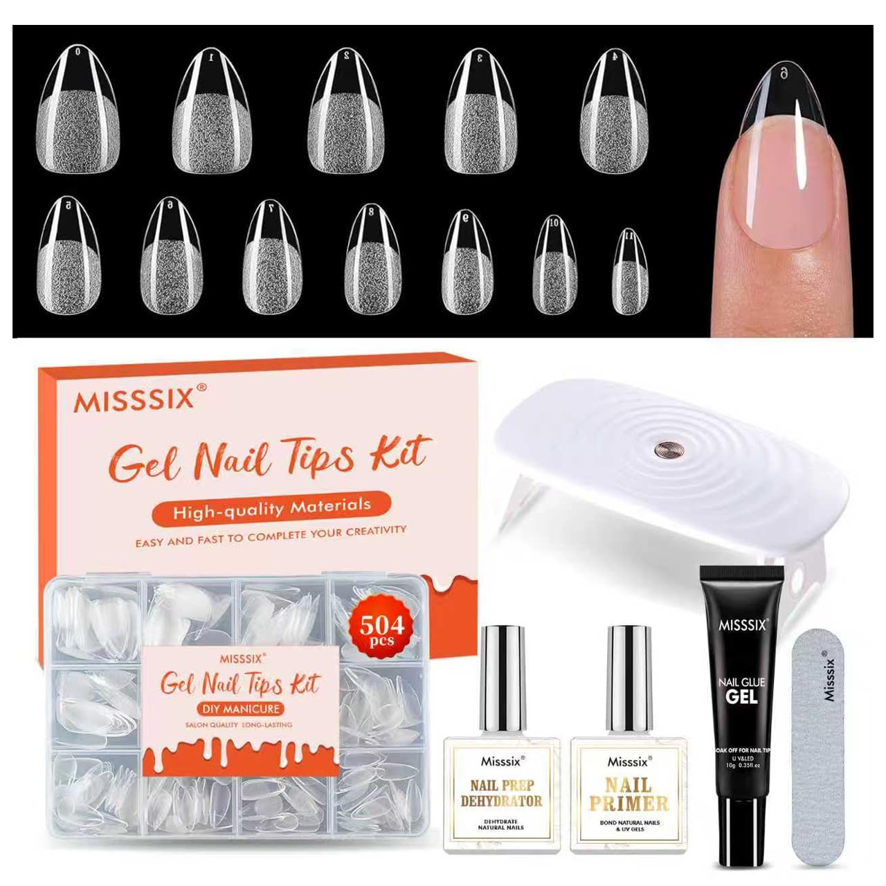 Misssix Short Almond Gel x Nail Tips Kit, 504Pcs Pre Etched Clear Fake Nails, Full Cover False Nail with Gel Glue, Dehydrator, Primer, Base and Top Coat and Portable Mini U V Nail Lamp for Women
