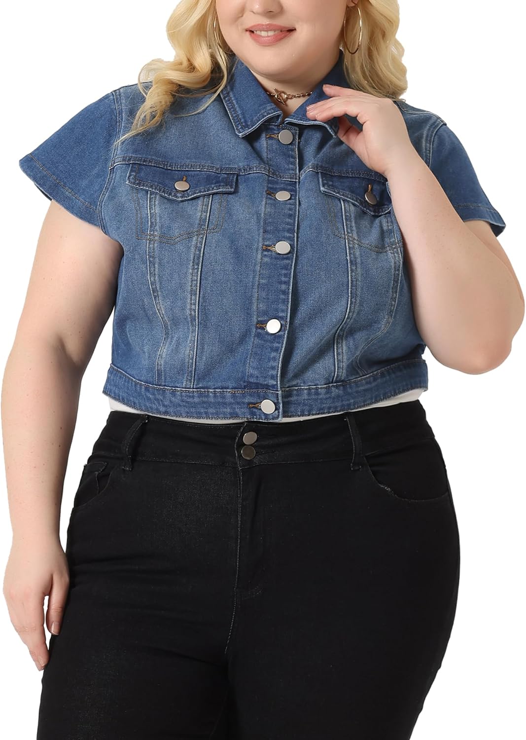 Agnes Orinda Plus Size Short Sleeve Denim Jackets for Women Button Washed Cropped Jean Jacket - Image 2