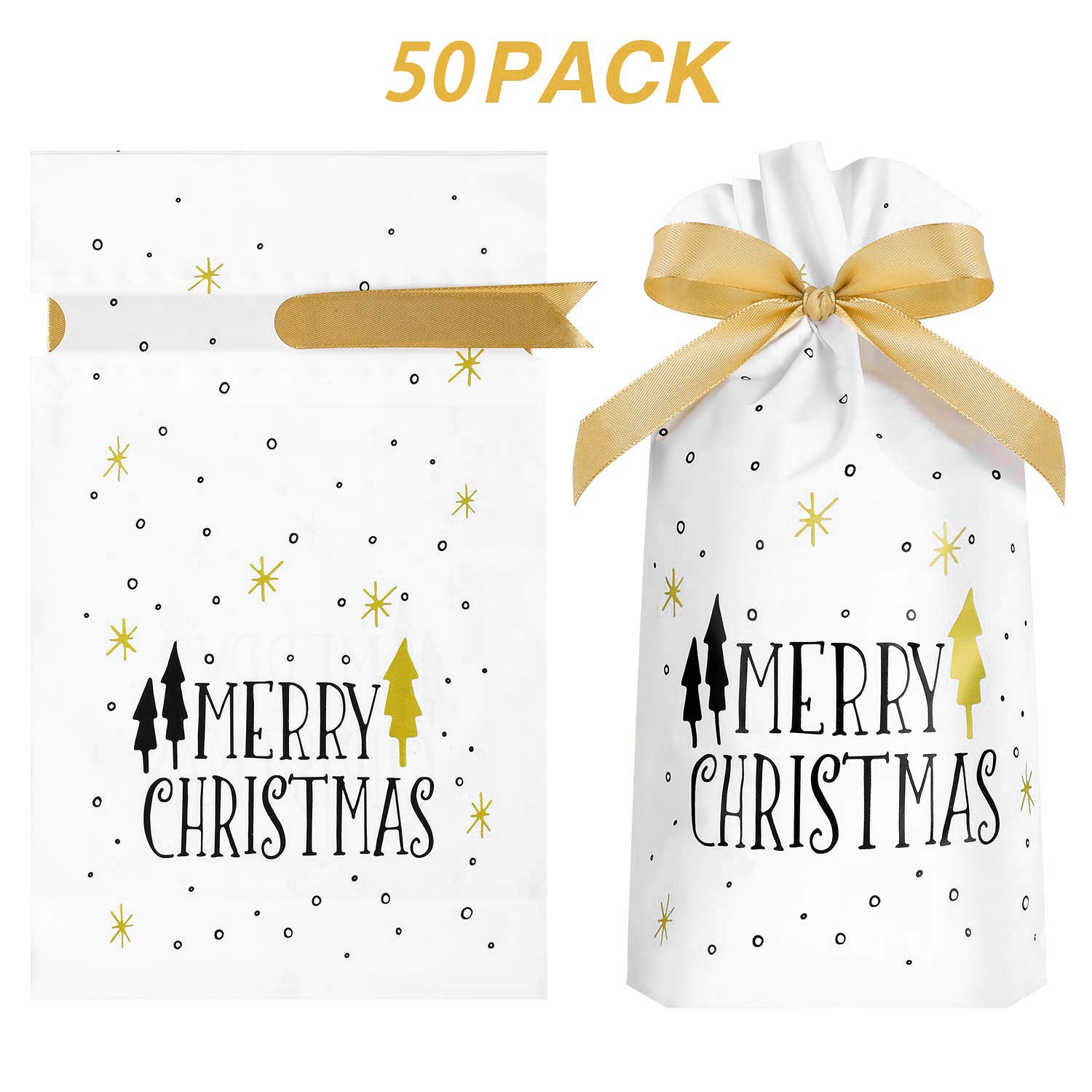 50 Sacchetti Regalo Con Coulisse A Tema Natale – Plastica, 23x15 Cm, Con Renne E Alberi