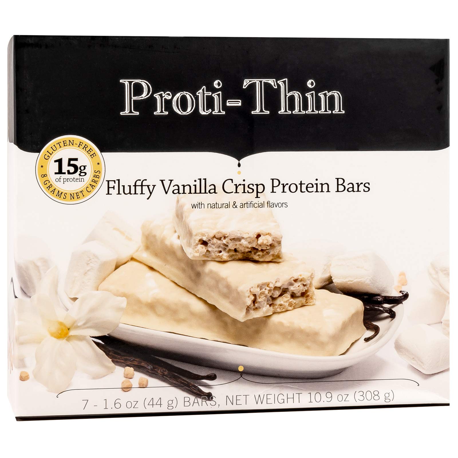 Barritas de proteína Proti-Thin esponjosas y crujientes de vainilla, 15 g de proteína, bajas en calorías, muy bajas en carbohidratos (VLC), bajas en grasas, ricas en fibra, aptas para la dieta keto, compatibles con proteínas, sin gluten, 7 por caja