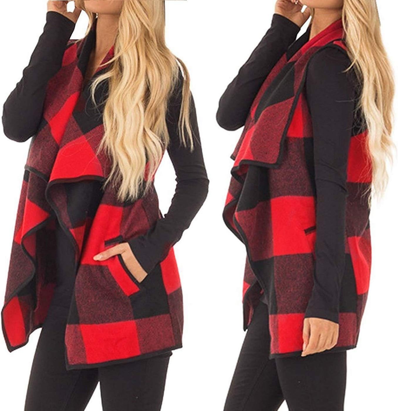 Mannice Womens Buffalo Plaid Sleeveless Cardigans Lapel Open Front Plaid Vest Jacket Coat with Pockets - Image 6