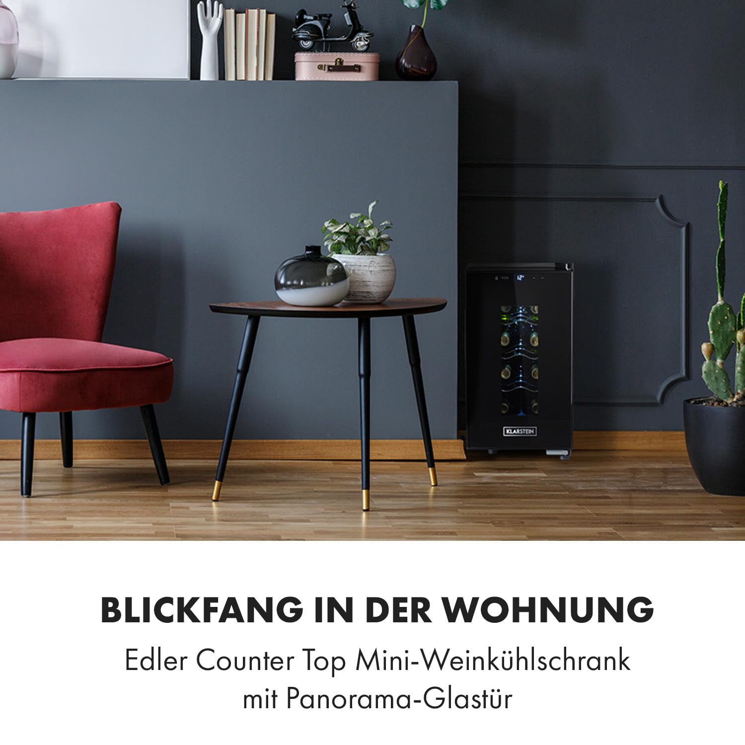 Klarstein Weinkühlschrank, Getränkekühlschrank Schmal, 1 Zone Kühlschrank mit Glastür, Getränkekühlschränke Freistehend, Weinkühlschrank Klein, Weinkühlschränke mit UV-Schutz, 11-18°C, 8 Flaschen