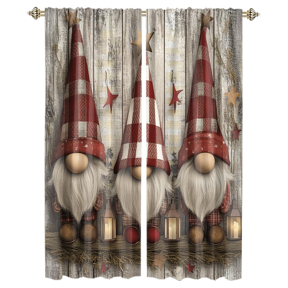 INSFBRB Vintage Cute Gnomes Blackout Curtain Country Farmhouse Wooden Door Red White Checkered Gnomes Rod Pocket Window Thermal Insulating Drapes