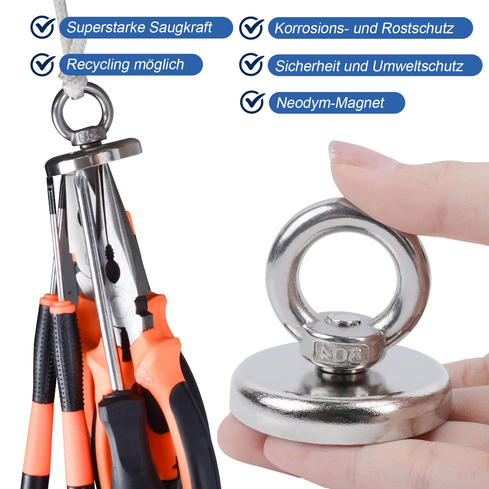 2 pièces Aimant de Pêche Super Puissant 60Kg Force de Traction Ø 42 mm, Aimant Neodyme Super Puissant Crochet Magnétique, Aimant pour l'industrie et la Science Pêche À L'Aimant et Garage
