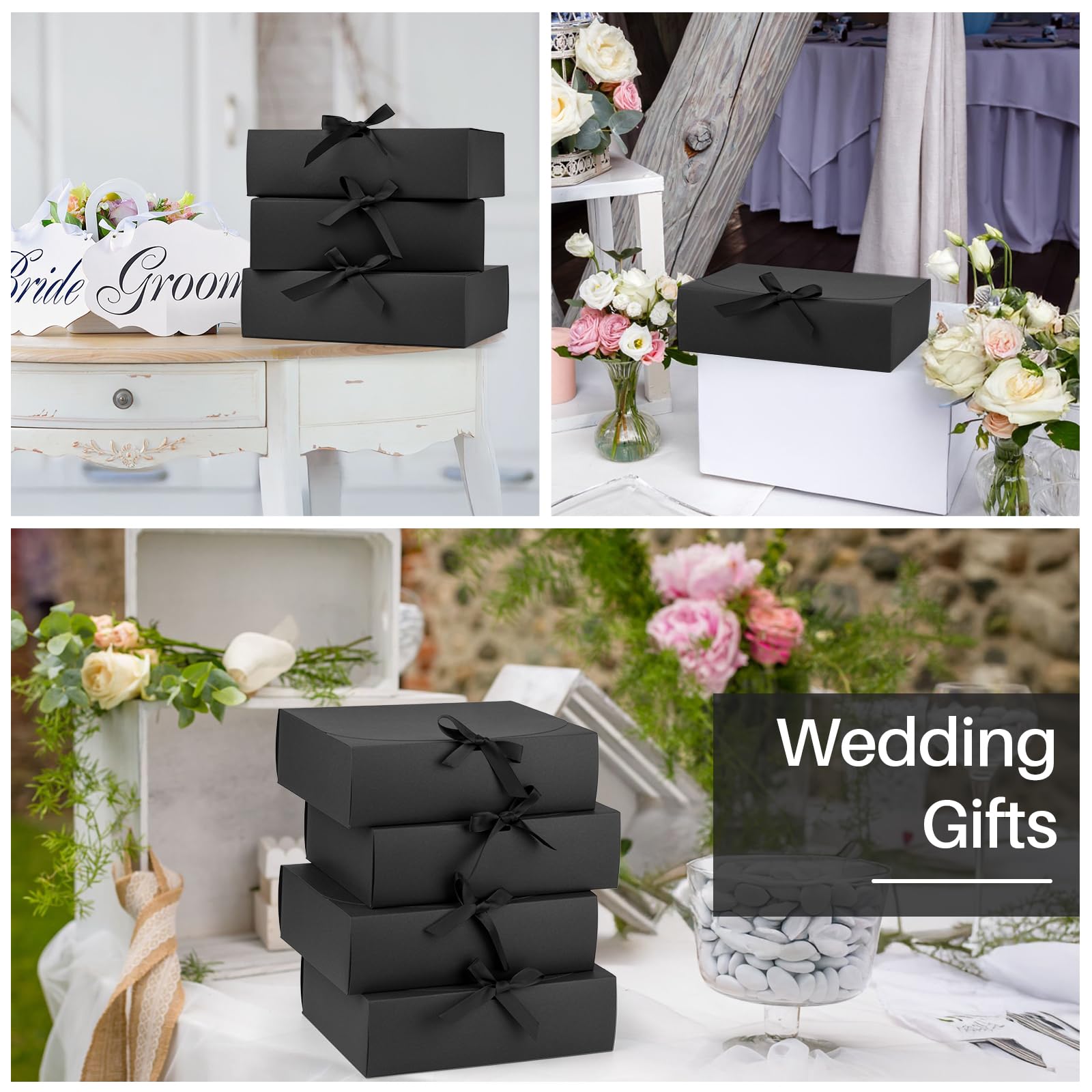 Confezione da 24 scatole regalo con coperchio, 30 x 24 x 7 cm, scatole regalo di lusso nere con nastro, per matrimoni, imballaggi, regali, compleanni (nero)