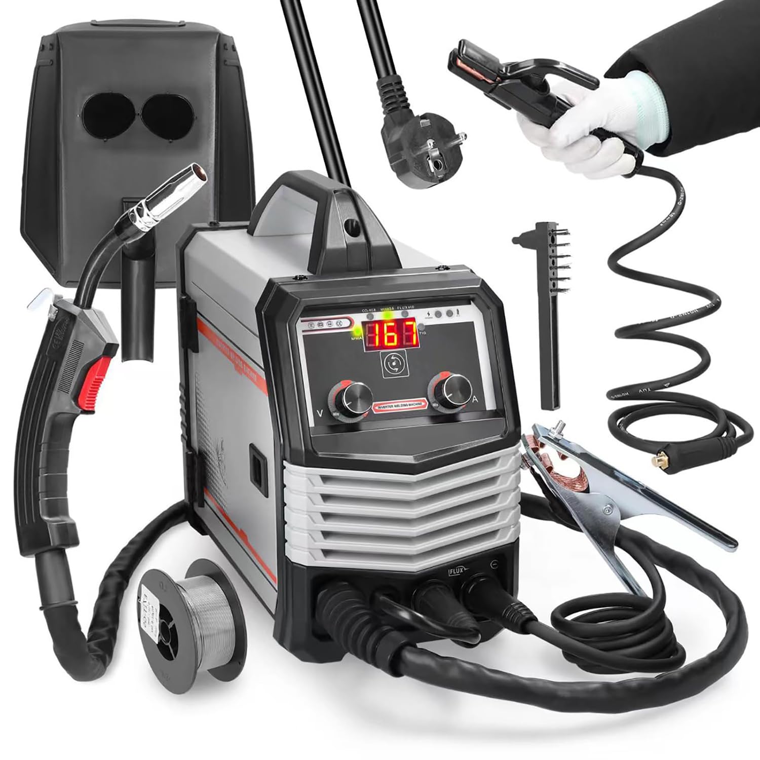 MIG MMA MAG TIG spawarka 4 w 1 przenośna spawarka elektryczna z cyfrowym wyświetlaczem LCD i falownikiem IGBT, duży prąd 10 A