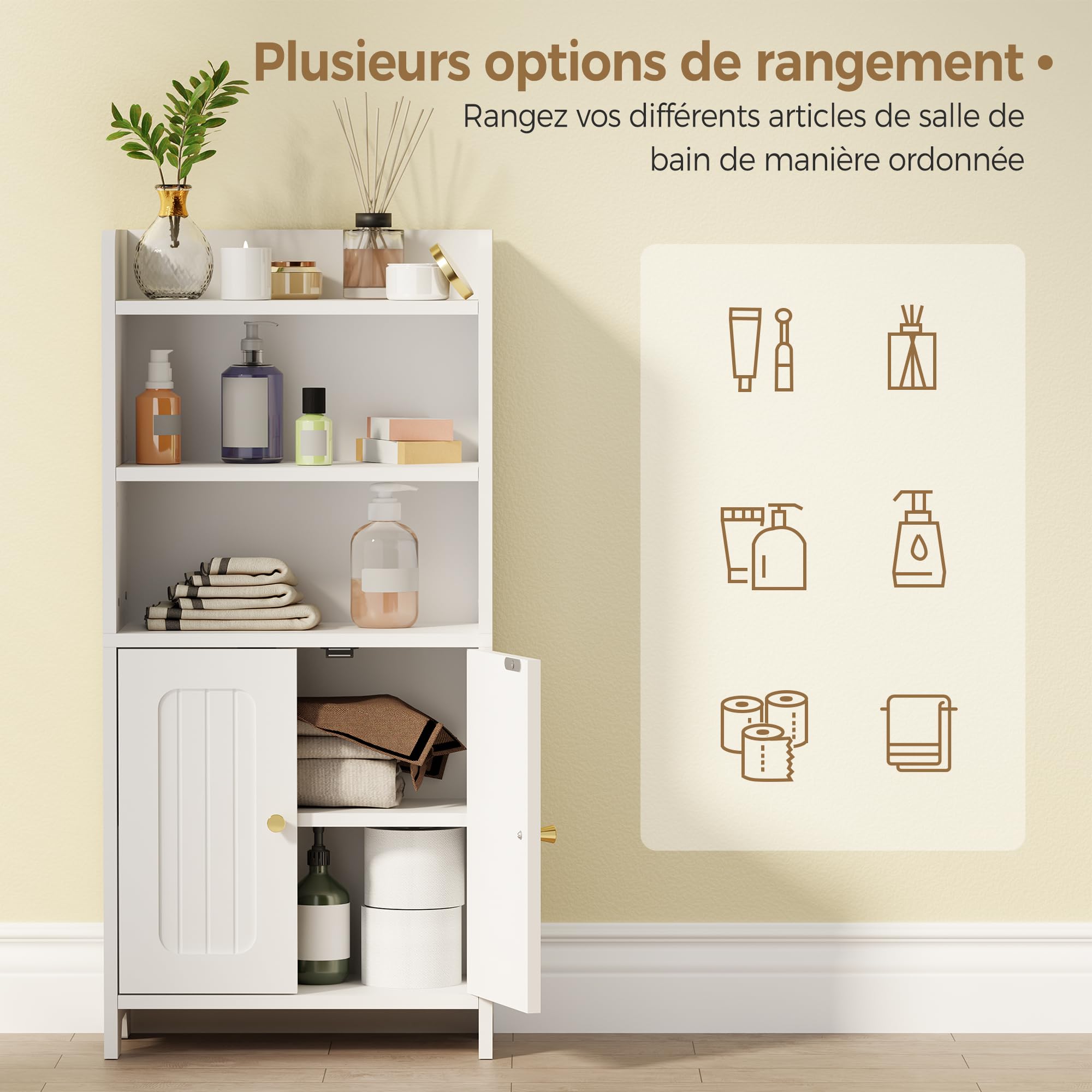 Bewishome Meuble Salle de Bain, Armoire Salle de Bain Petit Espace | Meuble de Rangement avec 2 Portes et Cloisons Réglables, 20 x 37 x 80 cm, Blanc, EYYG08W