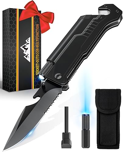 Cuchillo de caza de supervivencia con bloqueo fijo incorporado, multiherramienta con estuche y arrancador de fuego para camping, senderismo, caza,