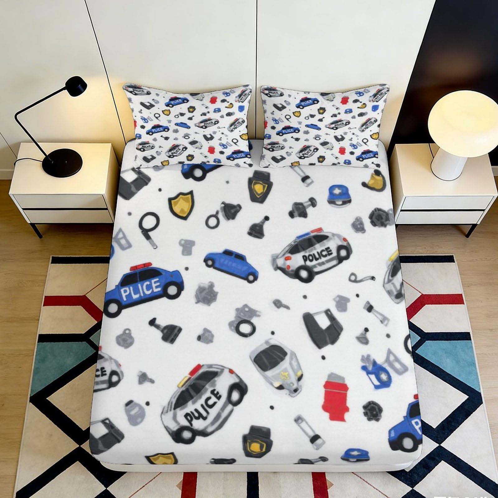 3D Printed Police Car Fitted Sheet Microfiber Soft Breathable Badge Pattern Mattress Cover for Bedroom Dorm Decor 90x200x25cm