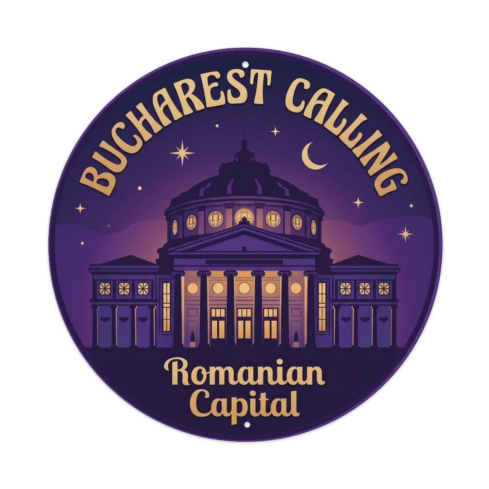 Athenaeum Romanian City Classic Destination Heritage Metal Tin Sign Plaque Wall Decor for Cafe, Man Cave, Club Bar, Office, Home Garden Round Metal Poster 8x8Inch