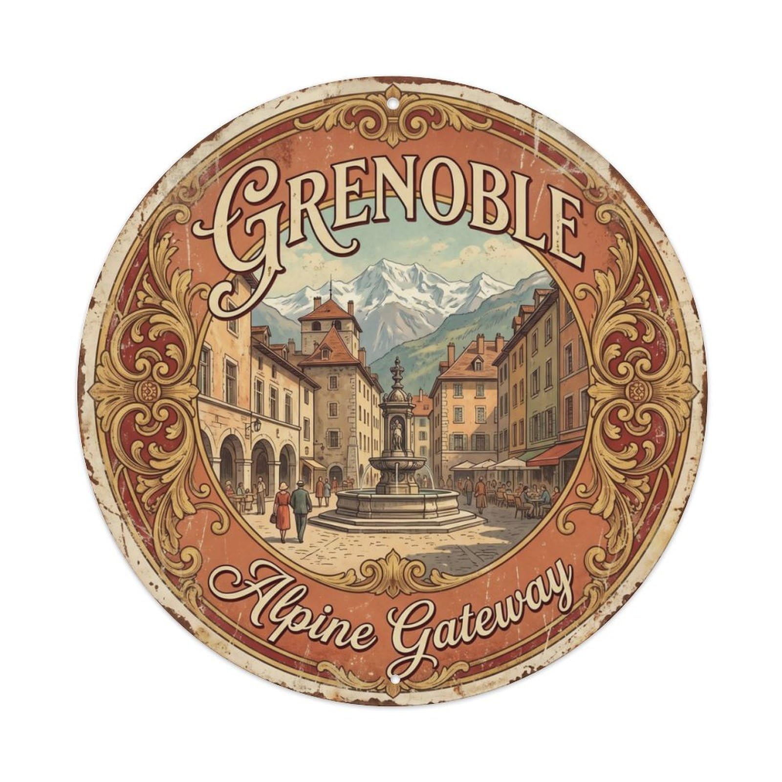 Fqcyn Style Vintage Travel Grenoble France Oldtown Metal Tin Sign Plaque Wall Decor For Cafe, Club Bar, Office, Home Garden Round Metal Poster 8X8inch