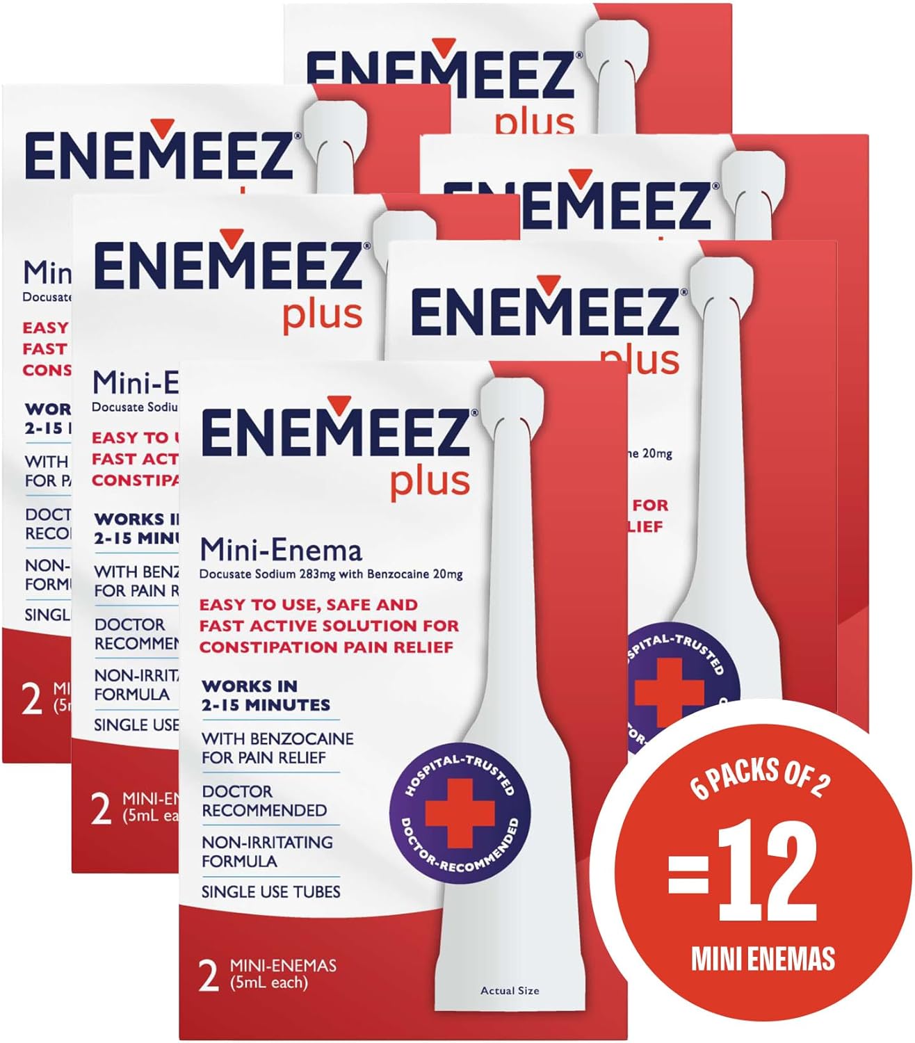 Enemeez Plus Mini-Enemas, docusate Sodium with benzocaine Stool Softener, Fast-Acting Constipation Relief, Promotes Bowel Movement in 2-15 Minutes, 2ct, 6 Pack (12 Total) Single-Use 5ml Tubes - Image 3