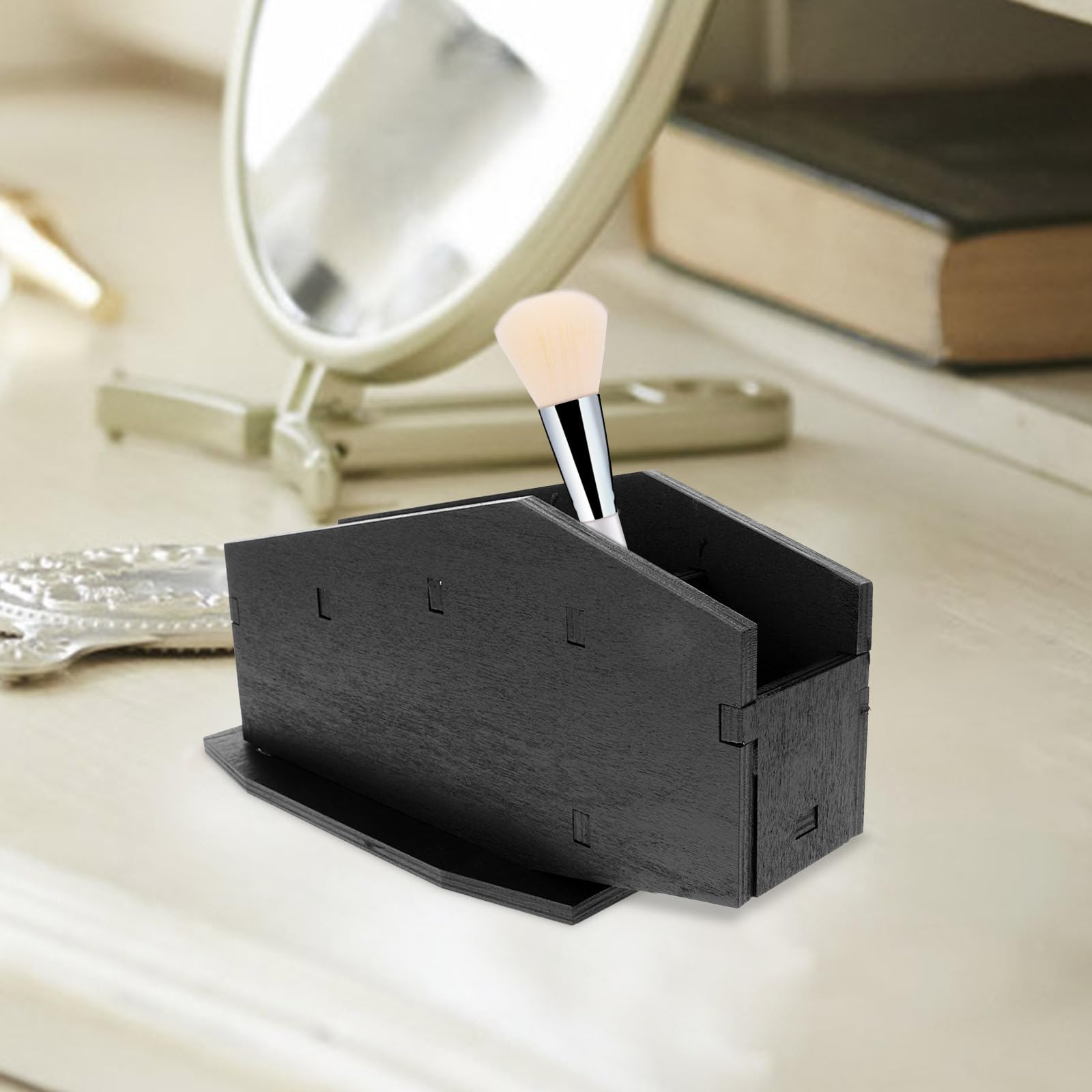Abaodam 4 Pièces Pot à Pinceaux de Maquillage en Bois Foncé Forme Cercueil Style Gothique Unique pour Bureau ou Coiffeuse Rangement Polyvalent et Finition Soignée