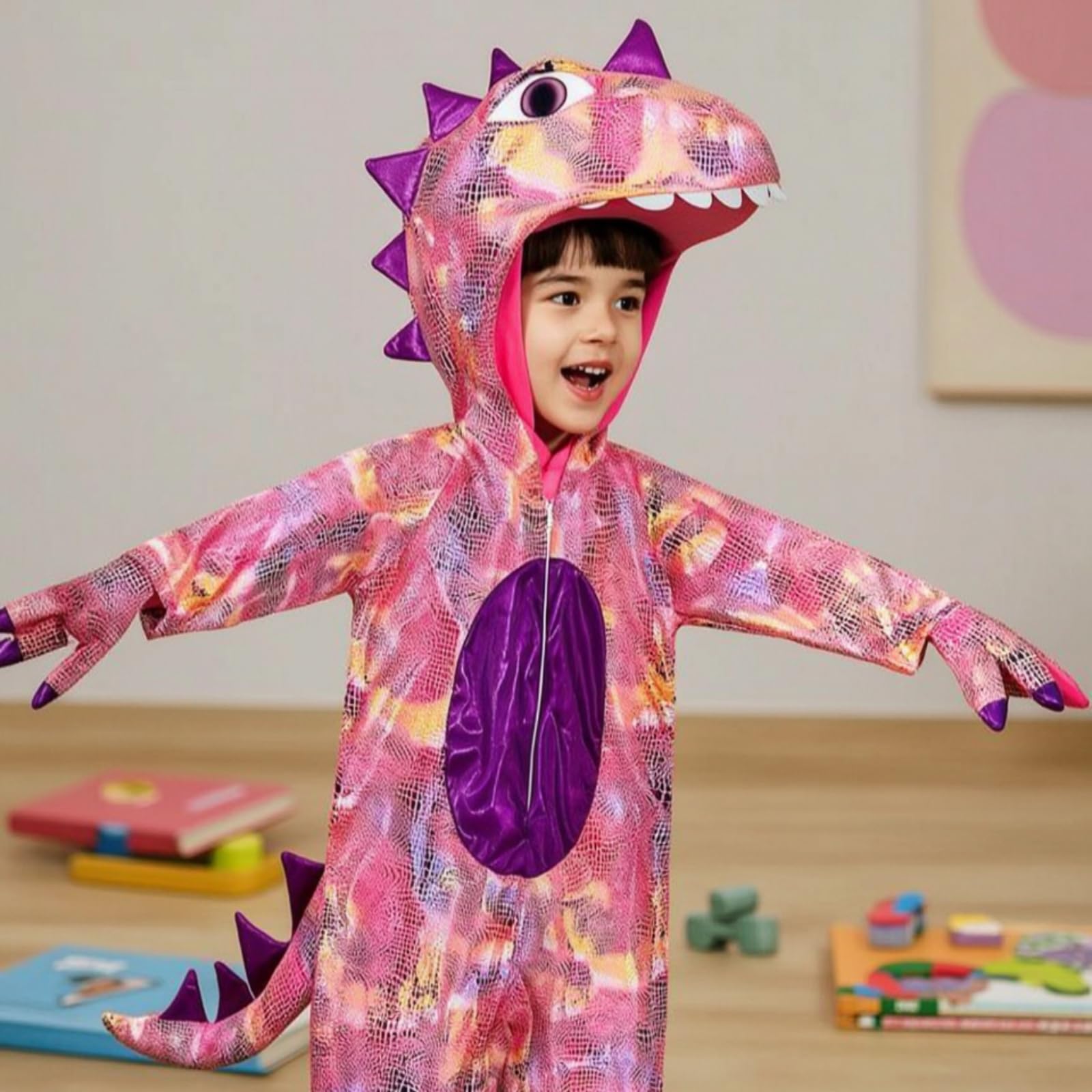 Costume Dinosauro Bambini Tuta Tuta Cappuccio Effetto Scaglie Zanne Bianche Spikes Chiusura a Zip Tessuto Poliestere Adatto per Halloween Carnevale Feste Infantili Giochi di Ruolo