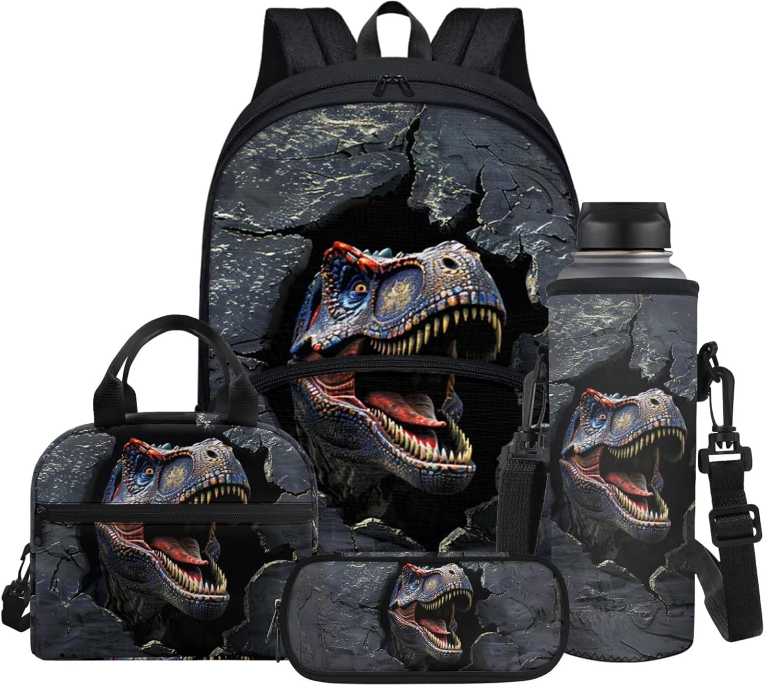 Dinosaur Backpack for Girls Back to School Shoulder Bookbags 17 Inch Bookbag, Insulated Thermal Lunch Totes,Pencil Holder,Cooler Water Bottle Sleeve, 4pcs/set