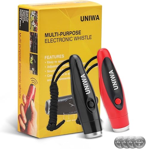 UNIWA Silbato electrónico, silbato a pilas ajustable, 3 sonidos diferentes de silbato fuerte con cordón