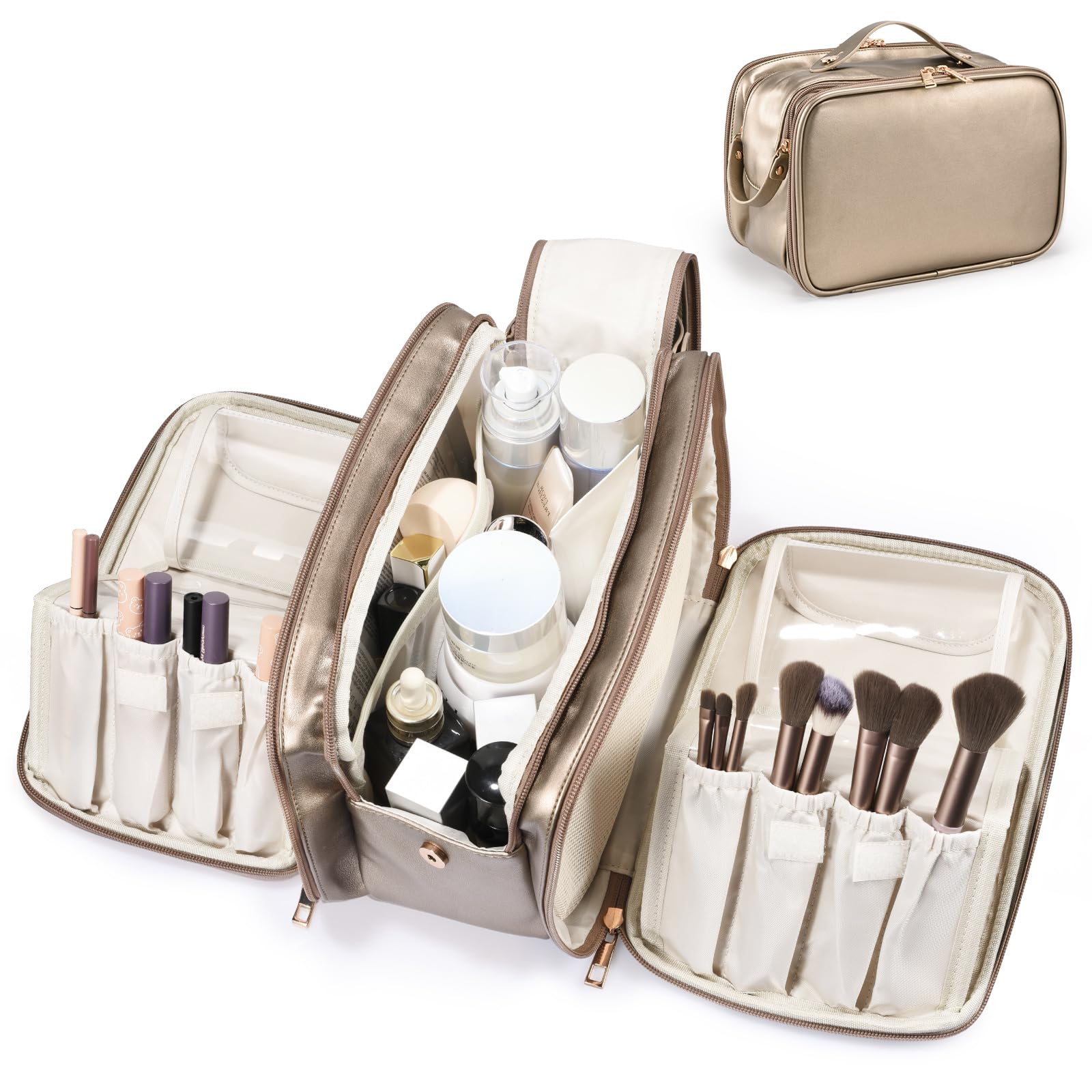 Travel Makeup Bag Women's Large Capacity Cosmetic Portable Organizer Large Opening Waterproof Storage Toiletry Bags Vertical Free-Standing Brush