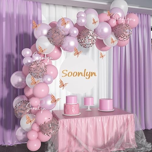 Soonlyn Decoraciones de mariposa para baby shower, kit de guirnalda de globos de 8 pies, 90 globos metálicos lilas rosados, globos brillantes con
