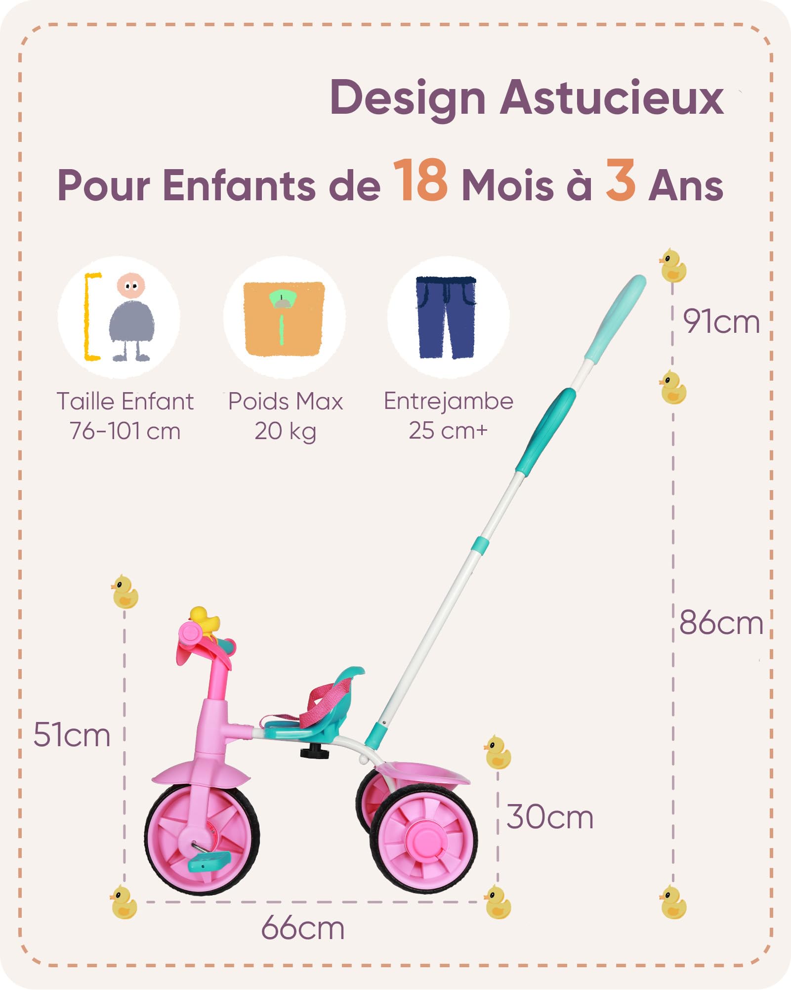 KRIDDO Tricycle 2 en 1 pour Enfants de 18 Mois à 3 Ans, Roues EVA, Cadeau avec Poignée de Poussée et Klaxon en Forme de Canard, Vélo Draisienne, Rose