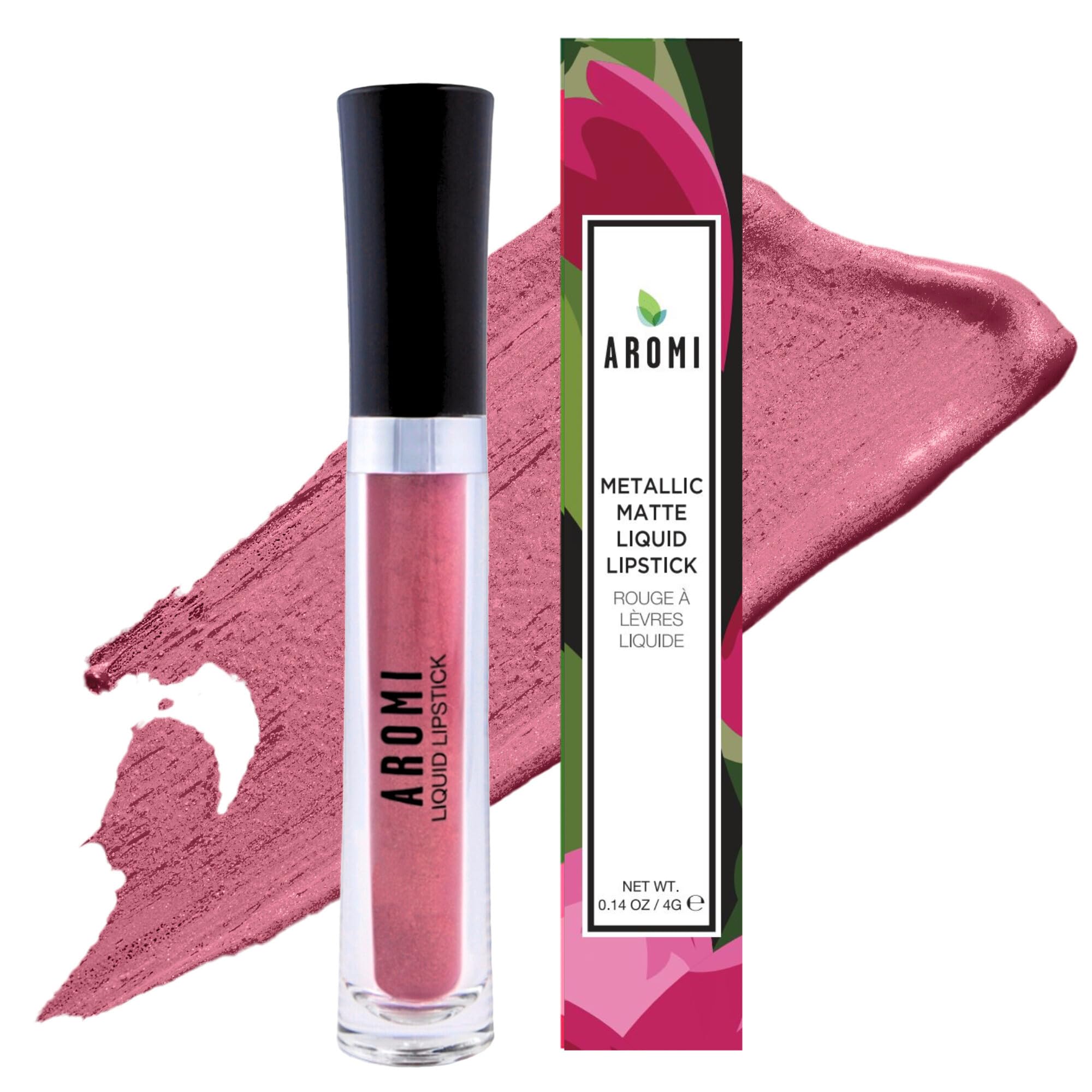 Aromi Dusty Rose Metallic Liquid Lipstick | Rosy Pink Chestnut Lip Color with Shimmery Finish, Vegan, Cruelty-free, Long-lasting, Waterproof (Alpine Bloom)