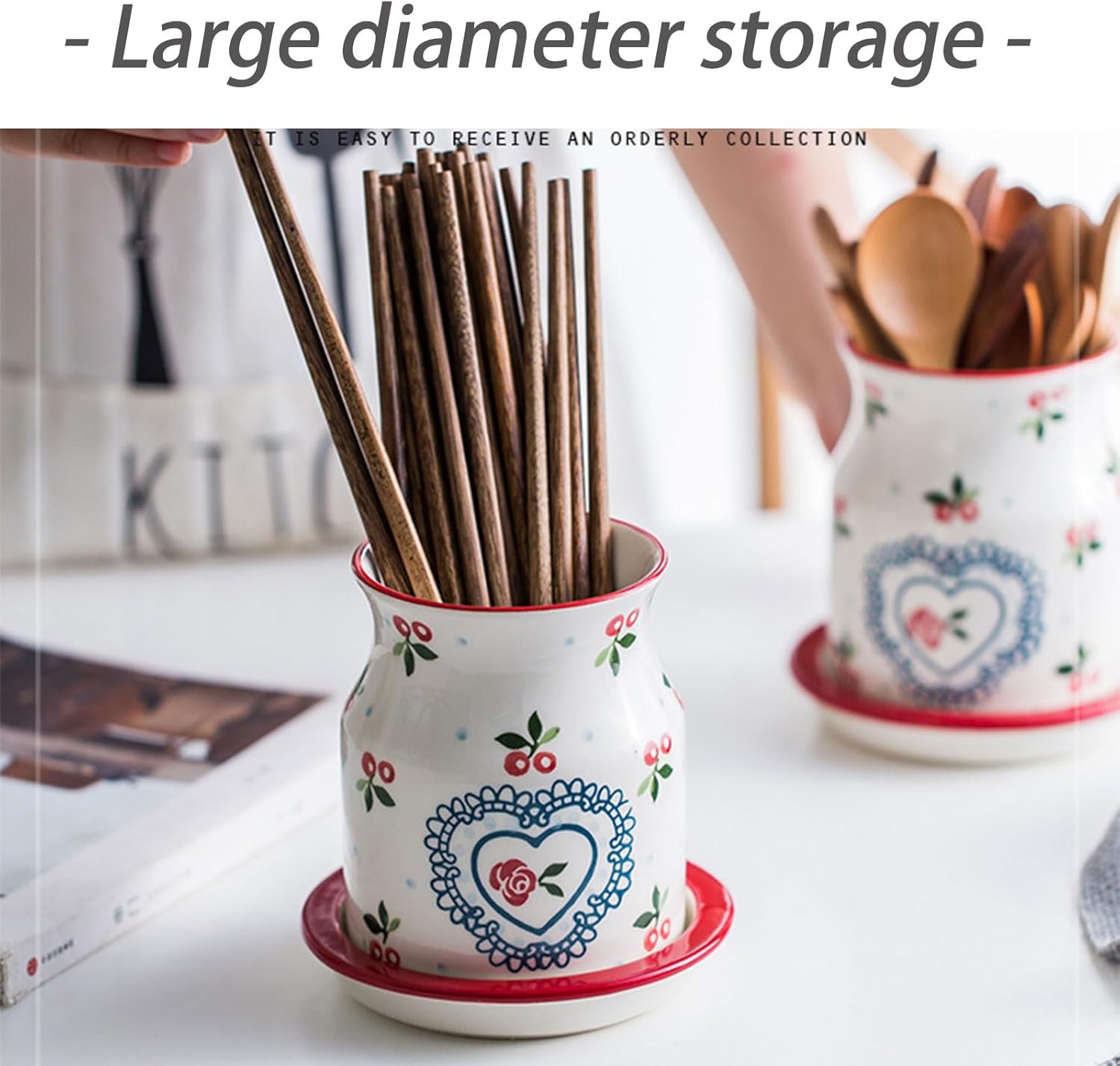 Dxcaicc Ceramic Utensil Crock Holder,Hand Painted Silverware Flatware Container for Kitchen,Large Capacity Storage Draining Rack,Farmhouse Kitchen Decor