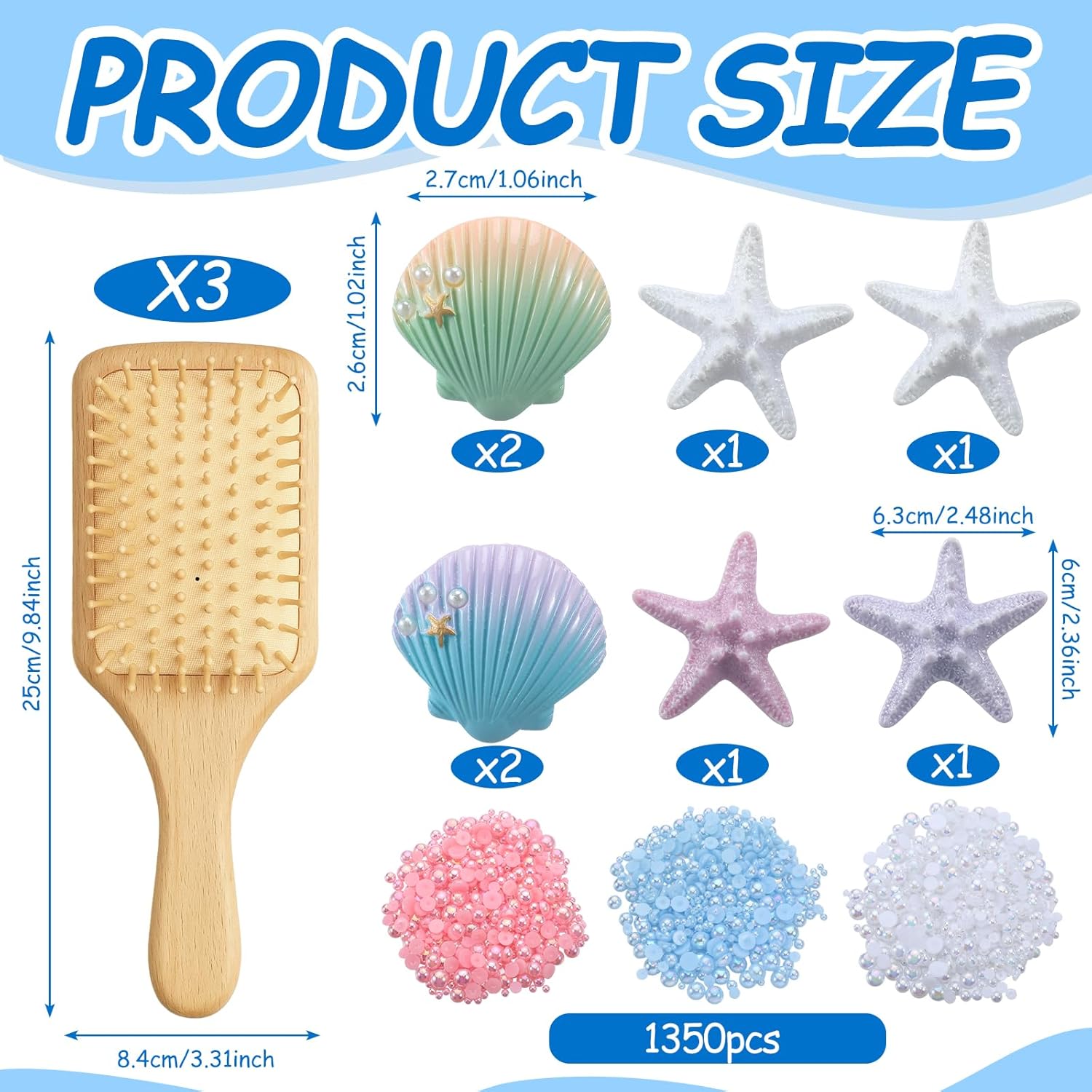 LemonRoad 3 Set DIY Wooden Hairbrush Kit Decorate Your Own Hair Brush with Pearl Seashell Starfish Hairbrush Gift for Women Girls Birthday Bridal Baby Shower Wedding Mermaid Party Favor