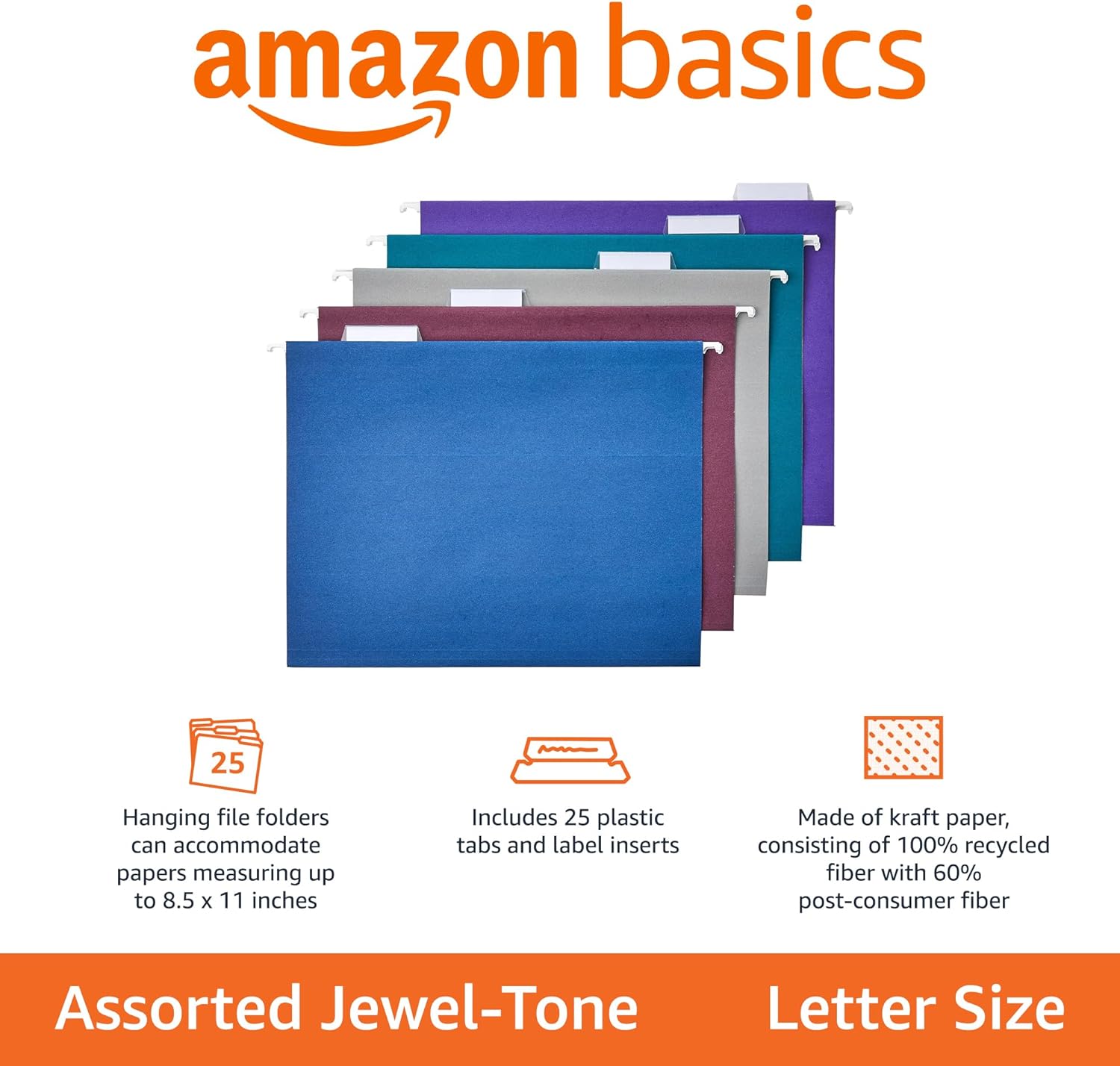 Amazon Basics Hanging File Folders, Sturdy, Letter Size, 25-Pack, Assorted Jewel-tone Colors Assorted Jewel-tone Colors Letter
