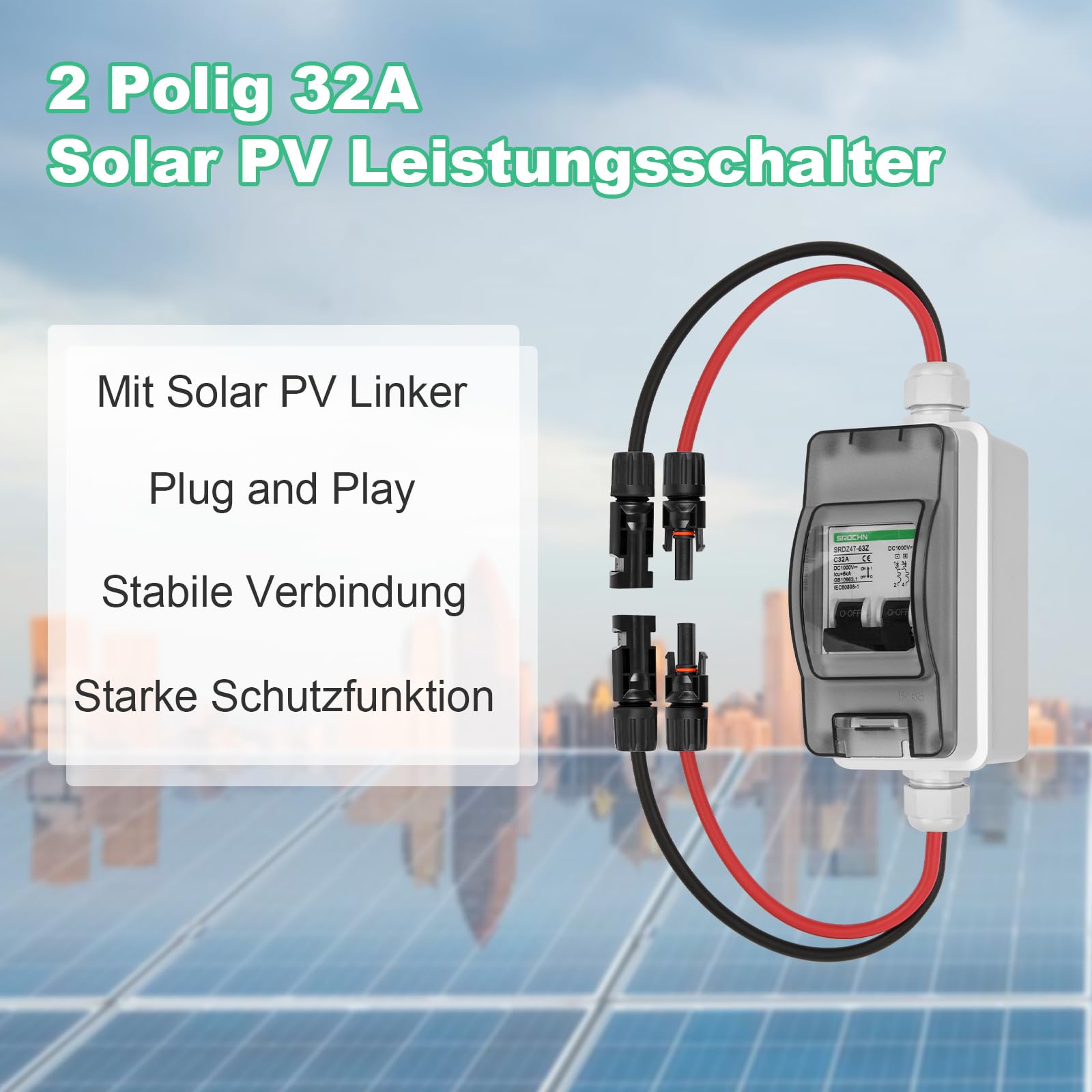 TEOV Interruttore di separazione solare PV, 2P 32 A, 1000 V, con cavo, IP65, impermeabile, per impianto solare PV