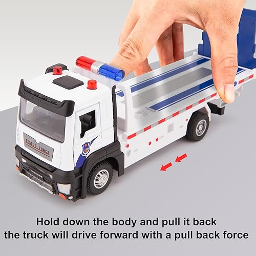 Miniatura 3 de BDTCTK Camión de cama plana de fricción con luces y sonidos, juguete de construcción Push and Go Gran regalo para niños pequeños, niños y niñas