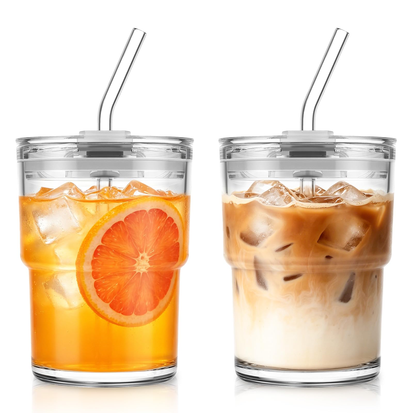 KEMORELA 2 Pack Iced Coffee Cups, Glass Tumblers with Lids and Straws, 380ml Reusable Coffee Glasses for Matcha, Iced Latte, Cold Brew, Tea & Smoothies