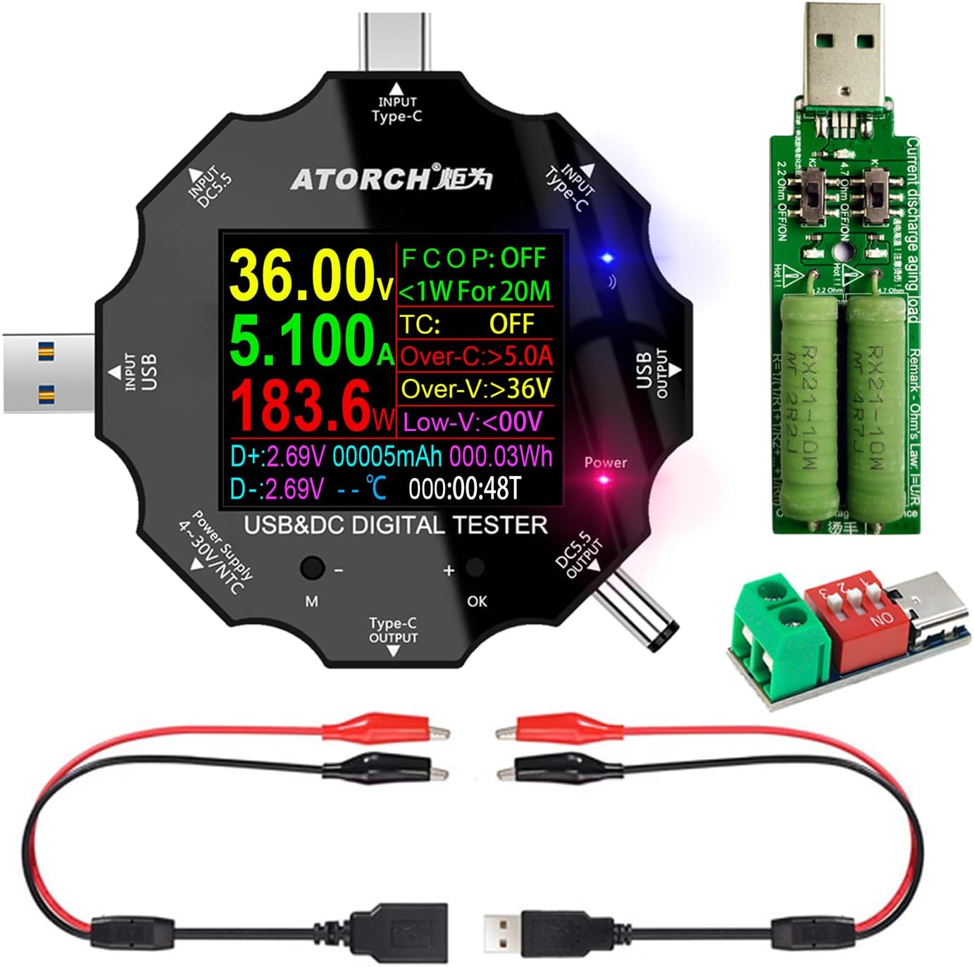 USB C Tester, 3 in 1 Type C DC5.5 USB Meter USB Load Color Screen IPS Digital Multimeter,Voltage,Current,Power,Resistance,Capacity Detector,with Clip Cable Support PD2.0/PD3.0,QC2.0/QC3.0