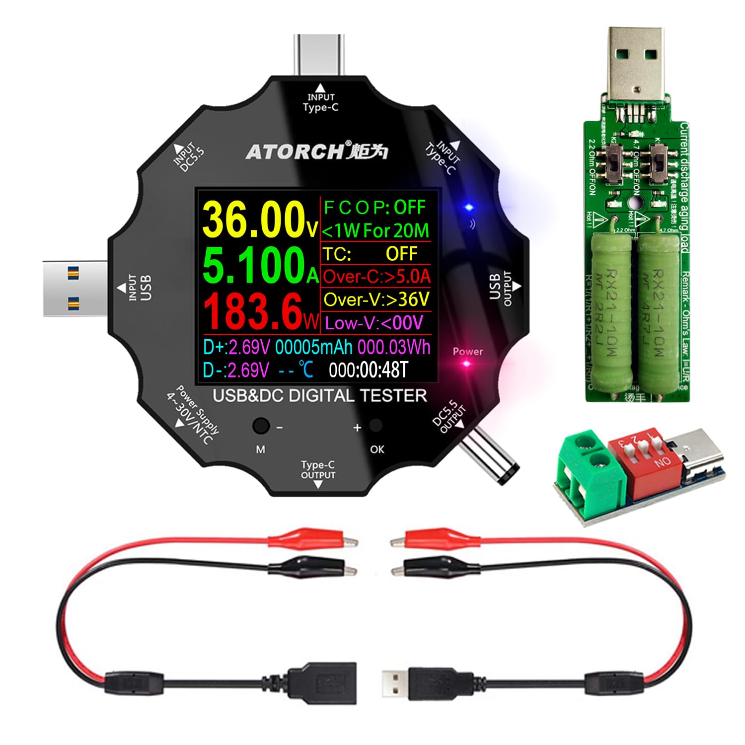 USB C Tester, 3 in 1 Type C DC5.5 USB Meter USB Load Color Screen IPS Digital Multimeter,Voltage,Current,Power,Resistance,Capacity Detector,with Clip Cable Support PD2.0/PD3.0,QC2.0/QC3.0 - Amazon product rated Grade A