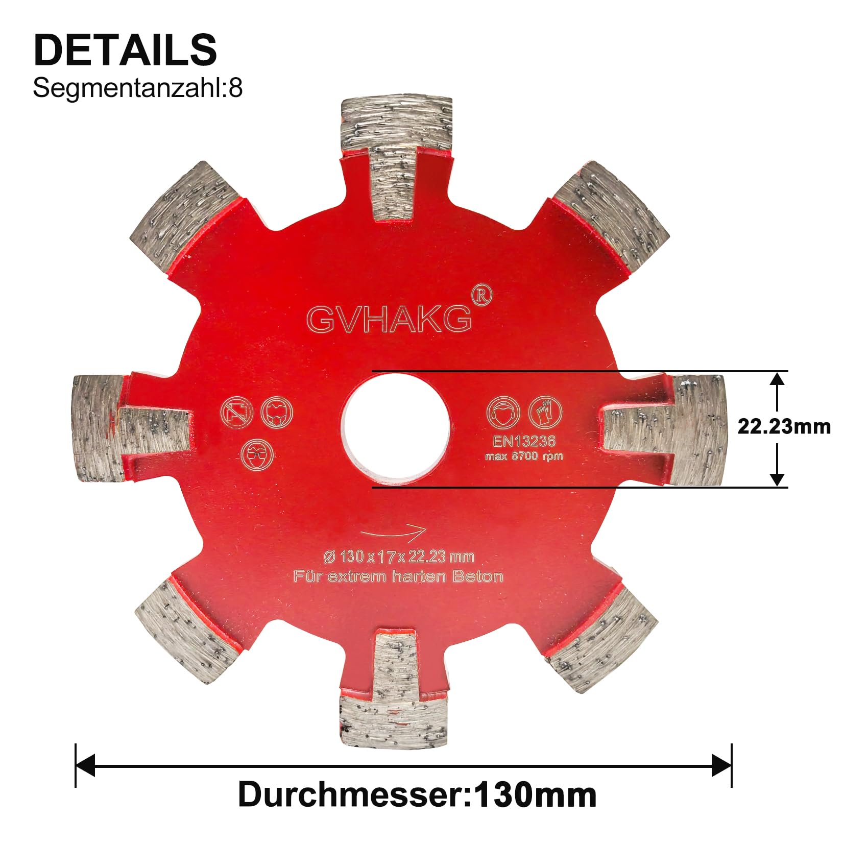 Diamant Frässcheibe 130mm, 17 mm Räumscheibe 8 Segmente U-förmige Nut Verbreiten Für Fußbodenheizung Sehr Harte Betonböden Und Entfernung, Fußbodenerwärmung Trockenschnitt (130x17x22.23mm)
