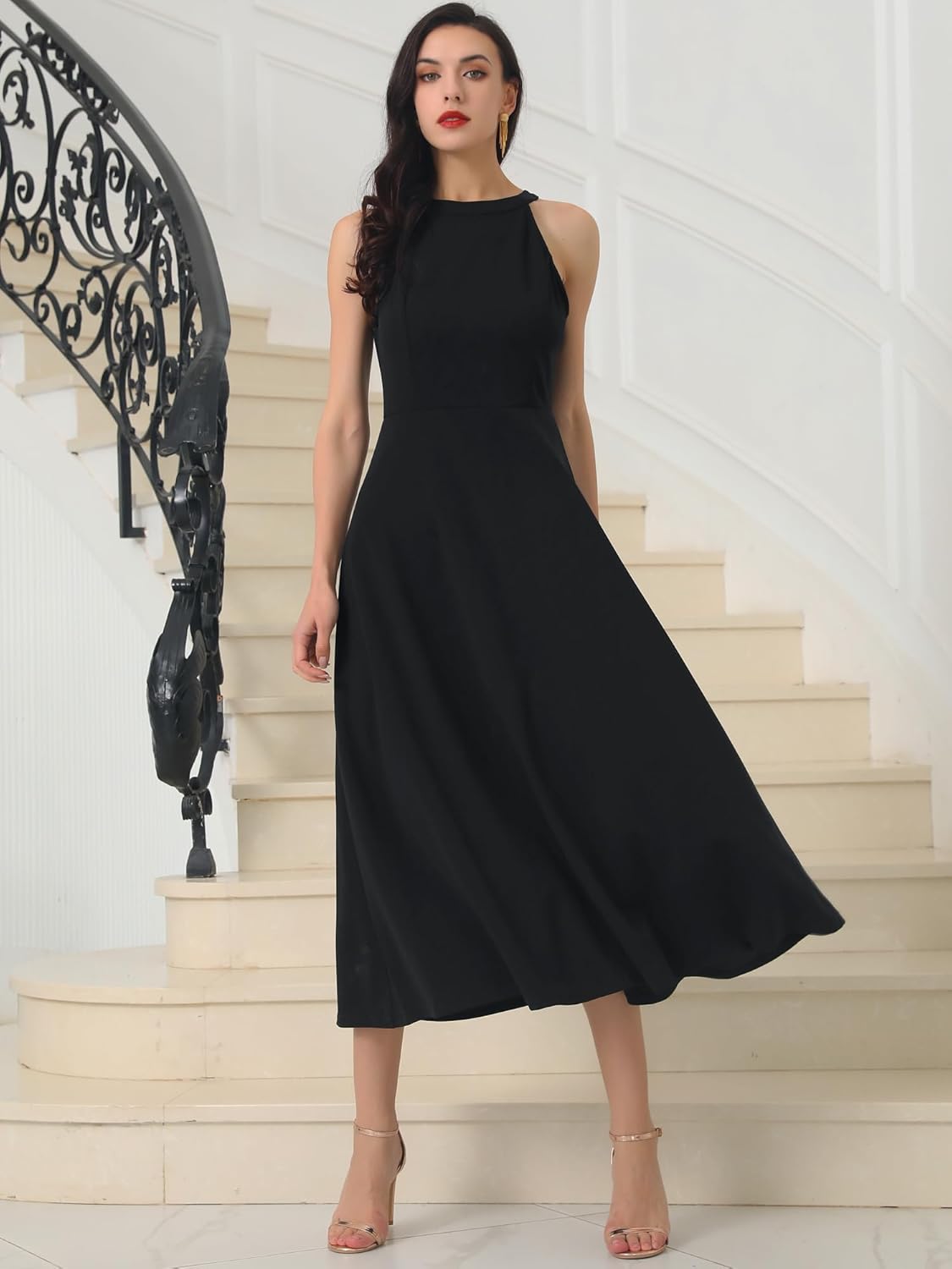 Women's Cocktail Prom Dress 2025 Midi Halter Neck Sleeveless Vintage 50s Wedding Guest Dress - Image 3