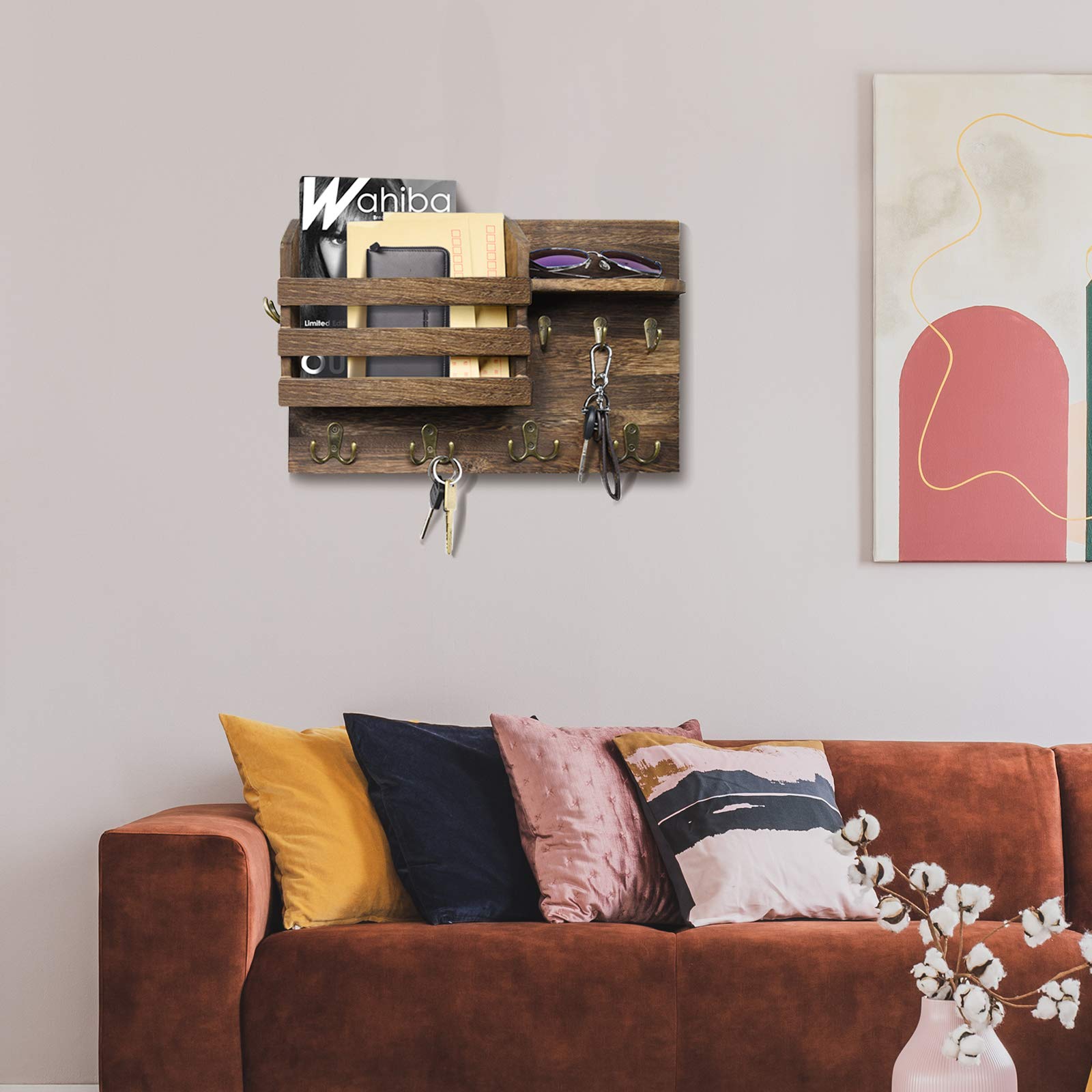 Support Mural En Bois Pour Clés Et Courrier - Avec étagère De Rangement - Organisateur D'entrée, Décoration Murale - 11