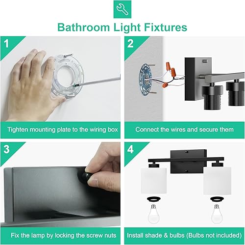 Miniatura 7 de Honesorn Luces modernas de tocador, 2 lámparas de baño negras claras con pantalla esmerilada, montaje en pared E26, antioxidante