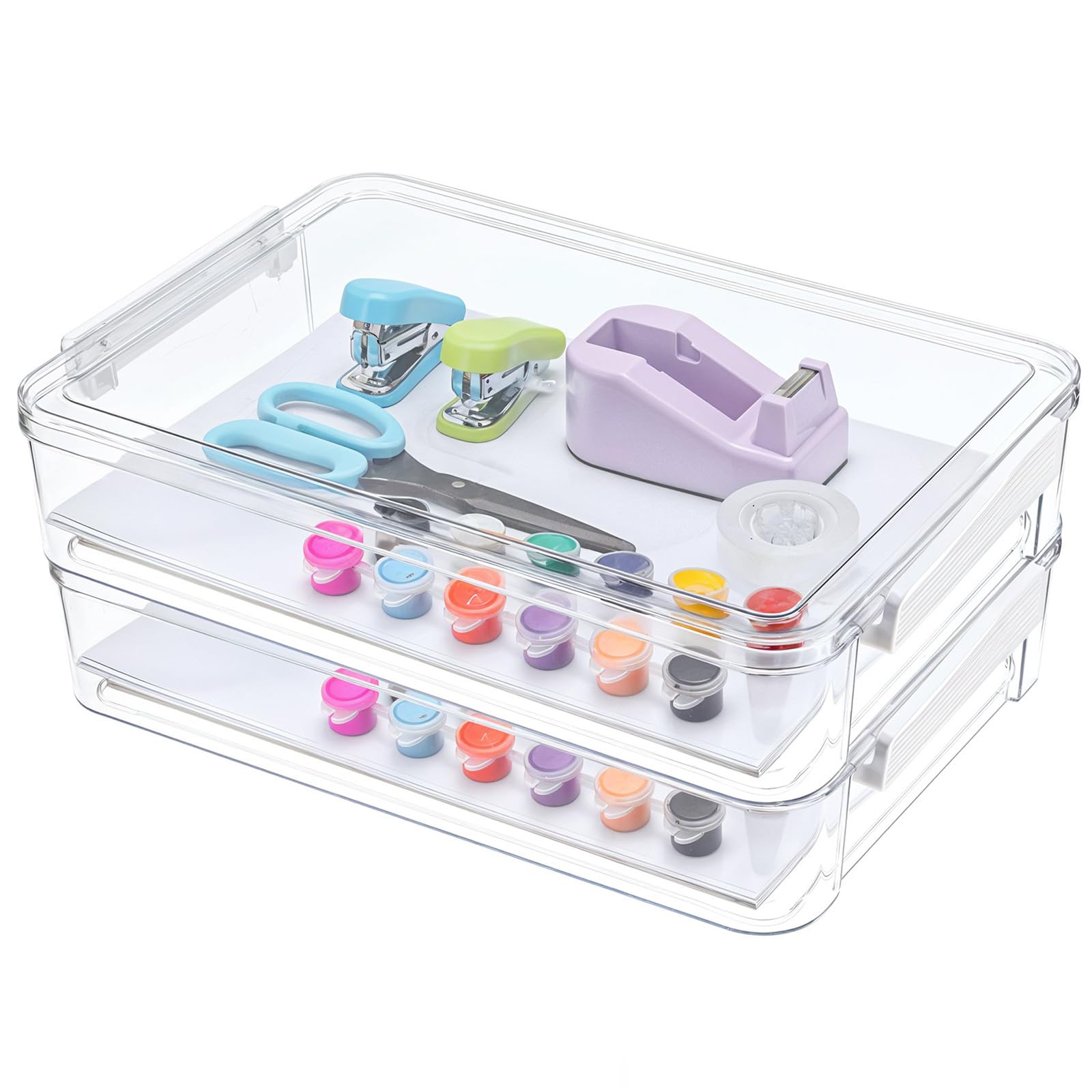 Transparente stapelbare Kunststoff-Aufbewahrungsboxen mit Deckel und Schnappverschlüssen, A4-Ordner, Dokumente, Bastel-Organizer für Zuhause und Büro, groß, 34,8 x 23,4 x 6,6 cm, 2 Stück