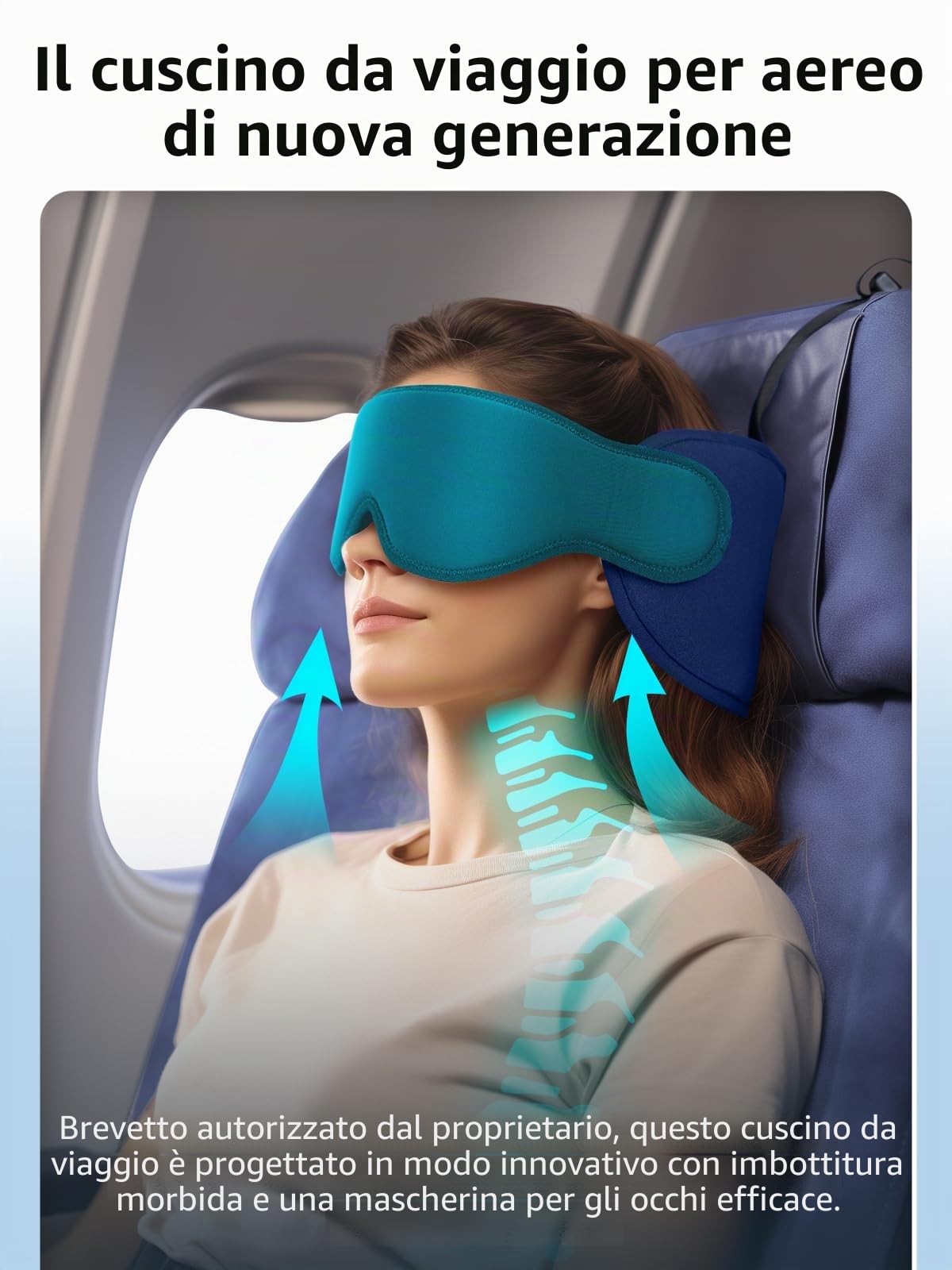 Inspireyes Cuscini da viaggio aerei, accessori da viaggio approvati FSA HSA per voli lunghi, cuscino da viaggio auto per bambini, maschera per dormire in aereo, Blu lago