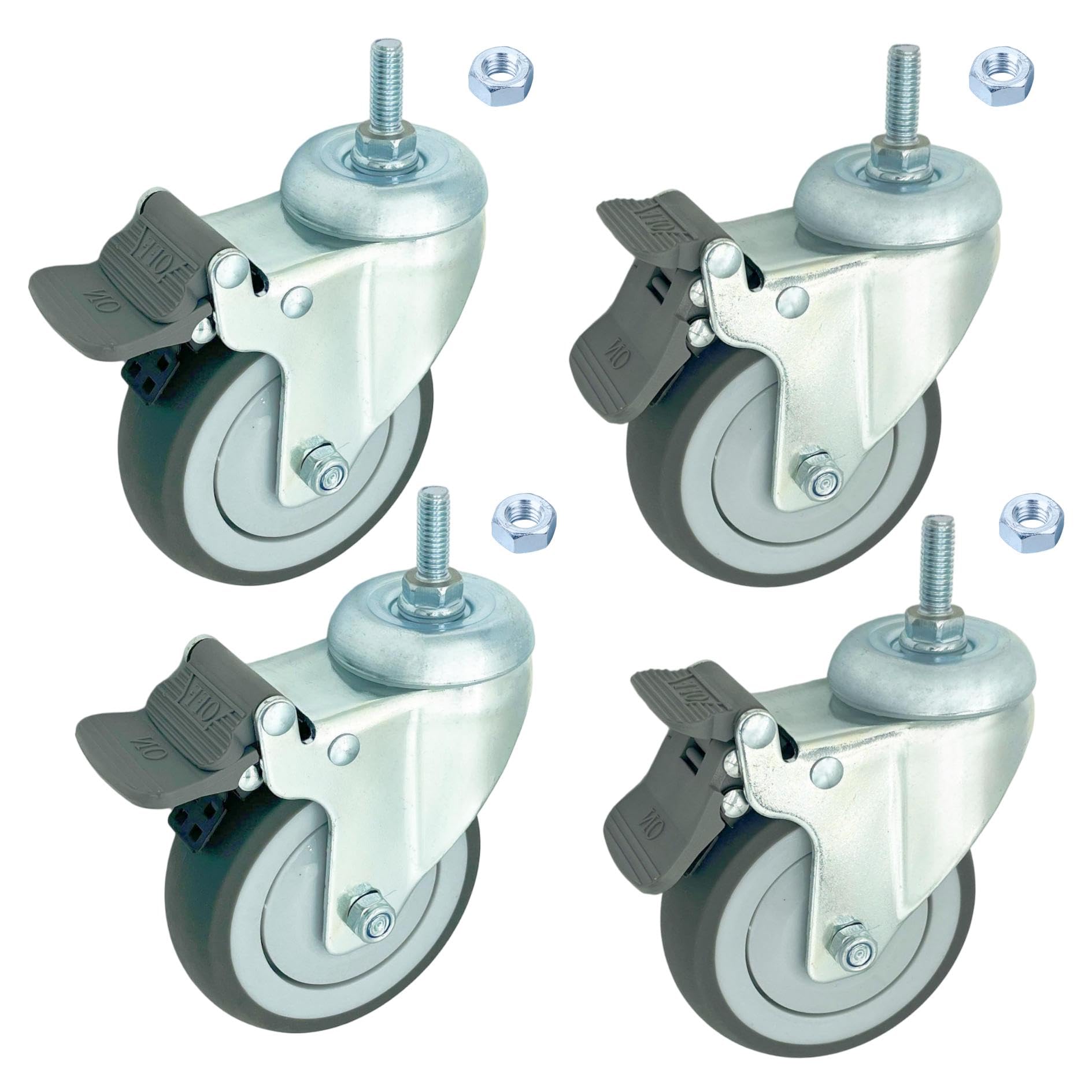 Fixhando 4 inch Swivel Caster Wheels Heavy Duty with Nylon Brake, 3/8"-16x1 Threaded Stem Casters Set of 4, TPR Rubber Wheels for Hospital, Lab,