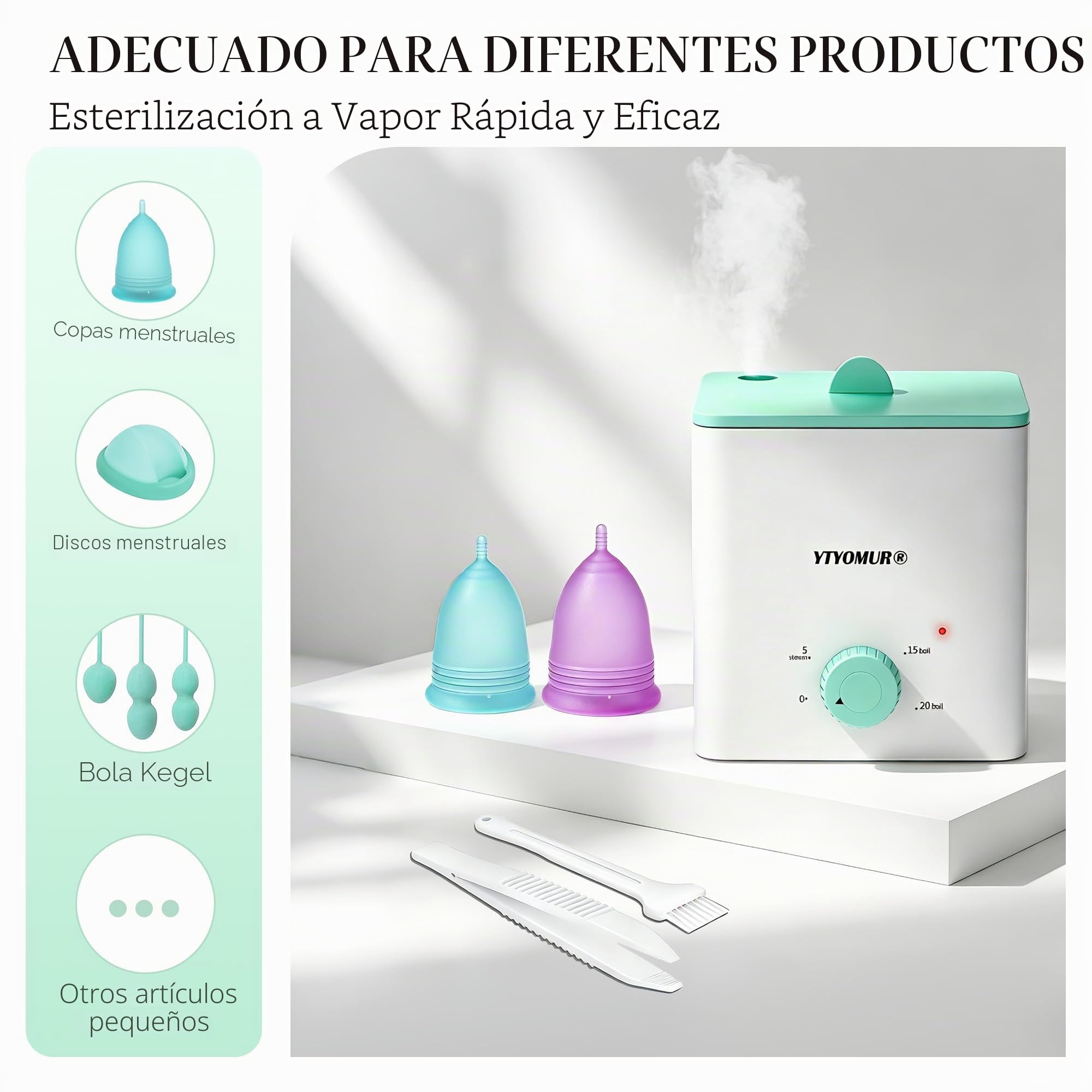 Esterilizador de copas menstruales con 2 copas menstruales reutilizables, kit de limpieza y lavado de copas menstruales, esterilización a vapor a alta temperatura con apagado automático para mujeres